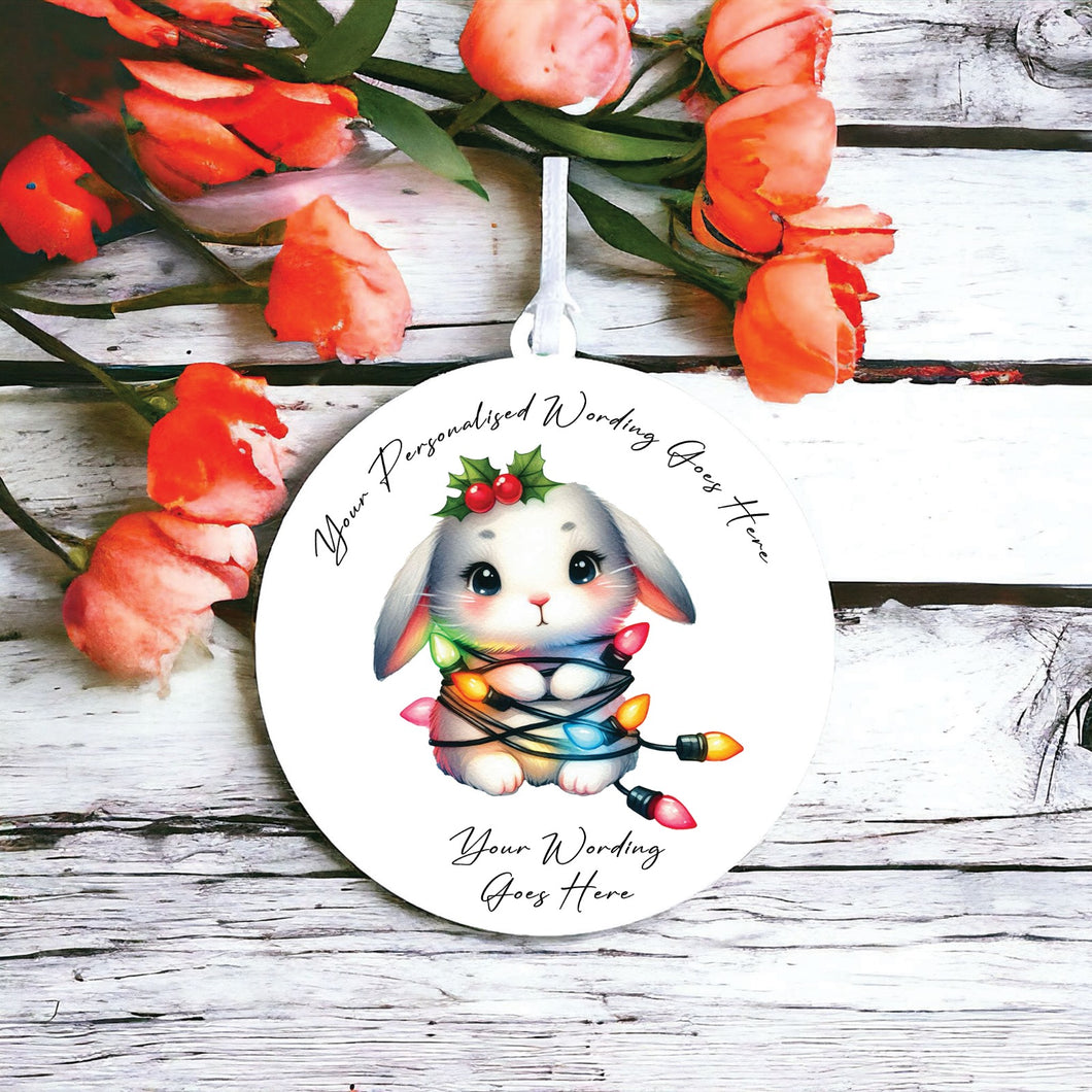 UV952 - Acrylic and UVDTF Personalised Round Hanging - Christmas Animal Tangled Lights - Bunny Rabbit 2 - Olifantjie - Wooden - MDF - Lasercut - Blank - Craft - Kit - Mixed Media - UK