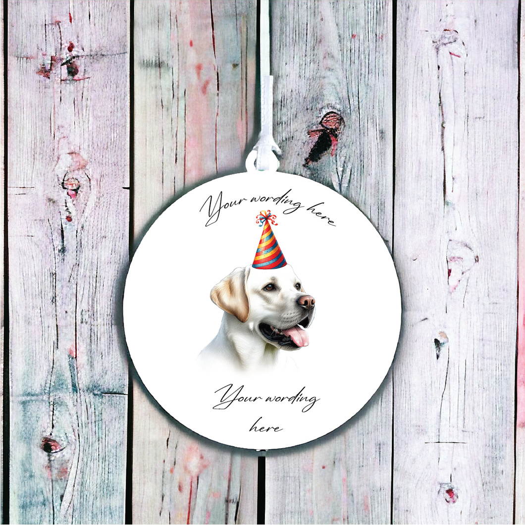 UV740 - Acrylic and UVDTF Personalised Round Hanging - Dog Party Hat - 54 White Labrador - Olifantjie - Wooden - MDF - Lasercut - Blank - Craft - Kit - Mixed Media - UK
