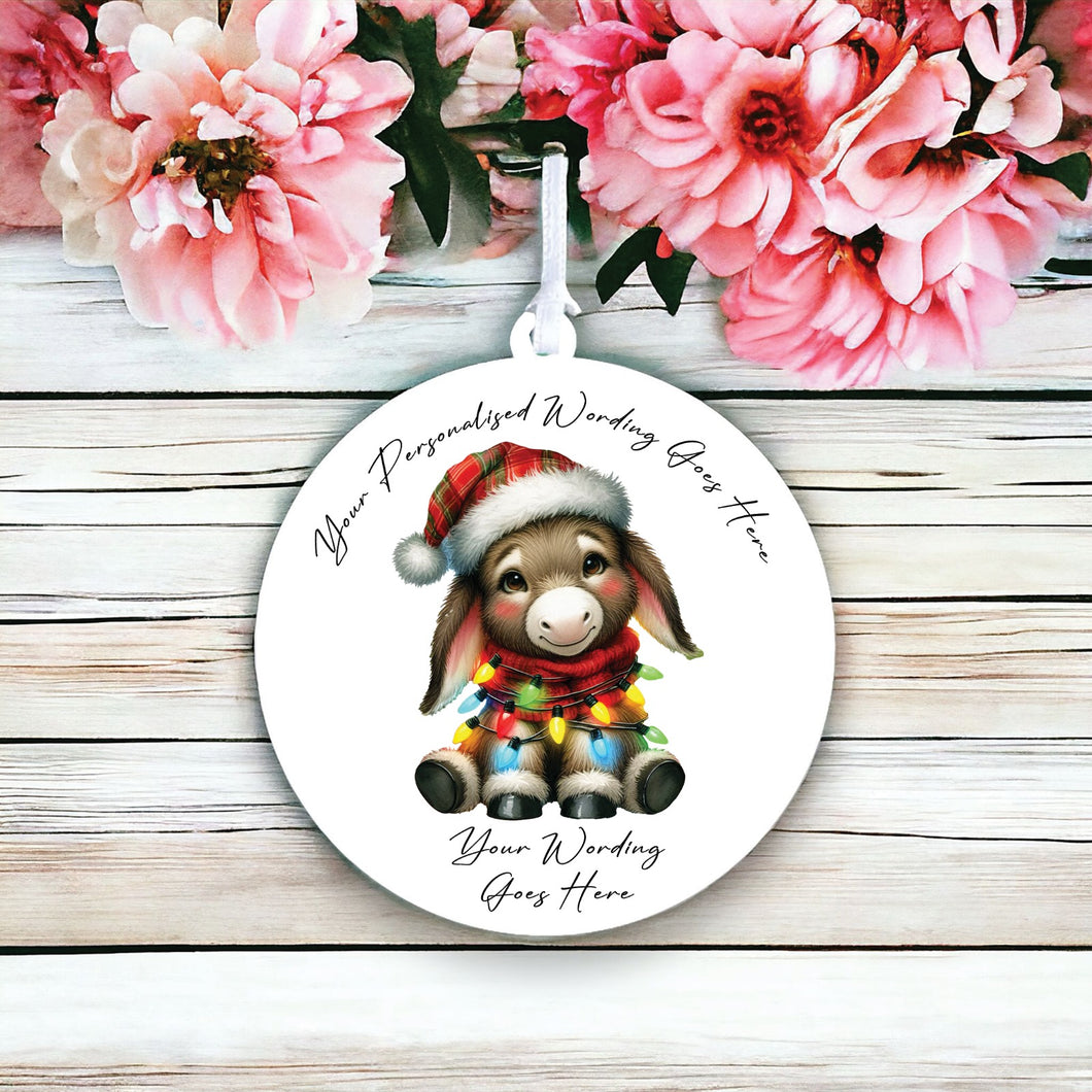UV912 - Acrylic and UVDTF Personalised Round Hanging - Christmas Animal Tangled Lights - Donkey 3 - Olifantjie - Wooden - MDF - Lasercut - Blank - Craft - Kit - Mixed Media - UK