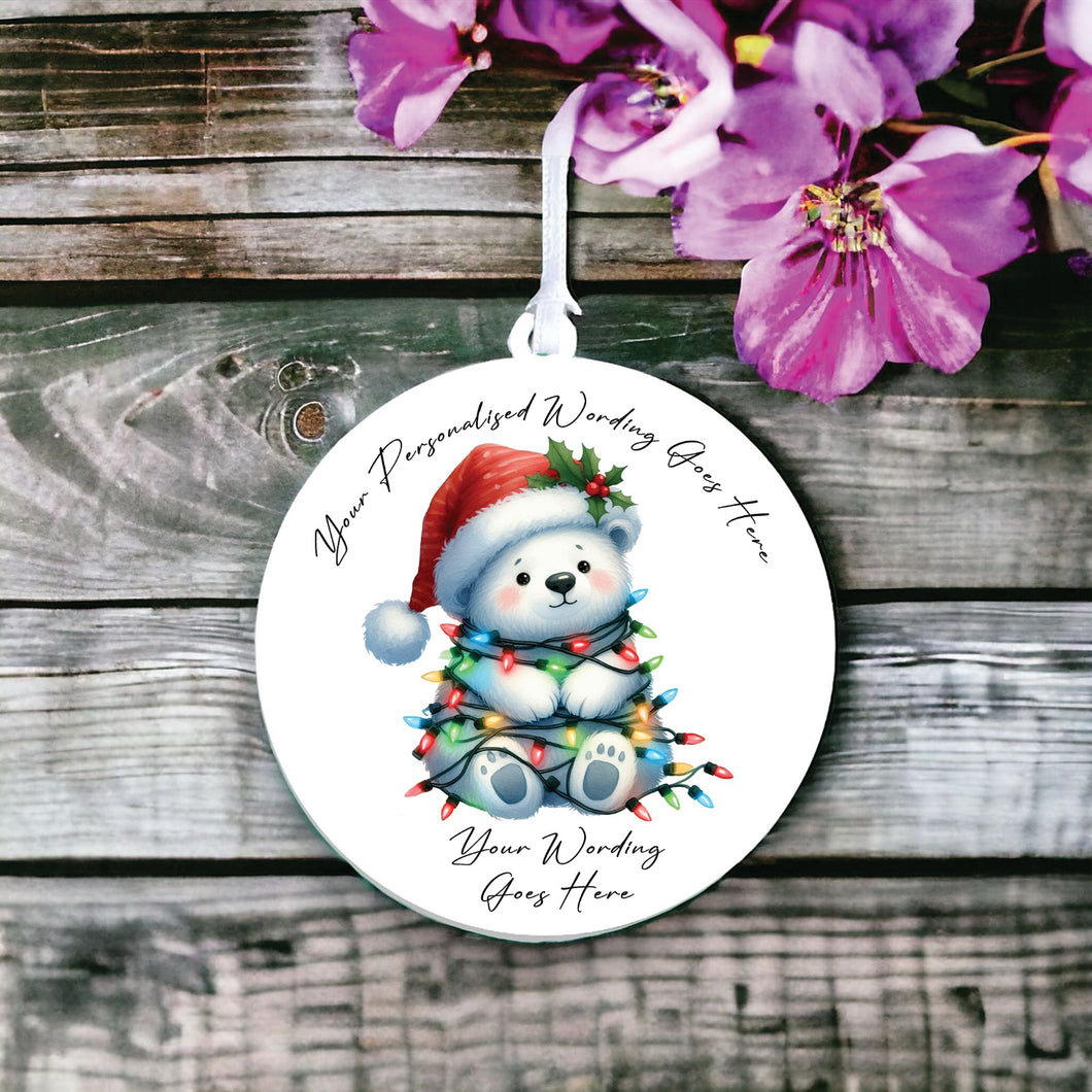 UV948 - Acrylic and UVDTF Personalised Round Hanging - Christmas Animal Tangled Lights - Polar bear - Olifantjie - Wooden - MDF - Lasercut - Blank - Craft - Kit - Mixed Media - UK