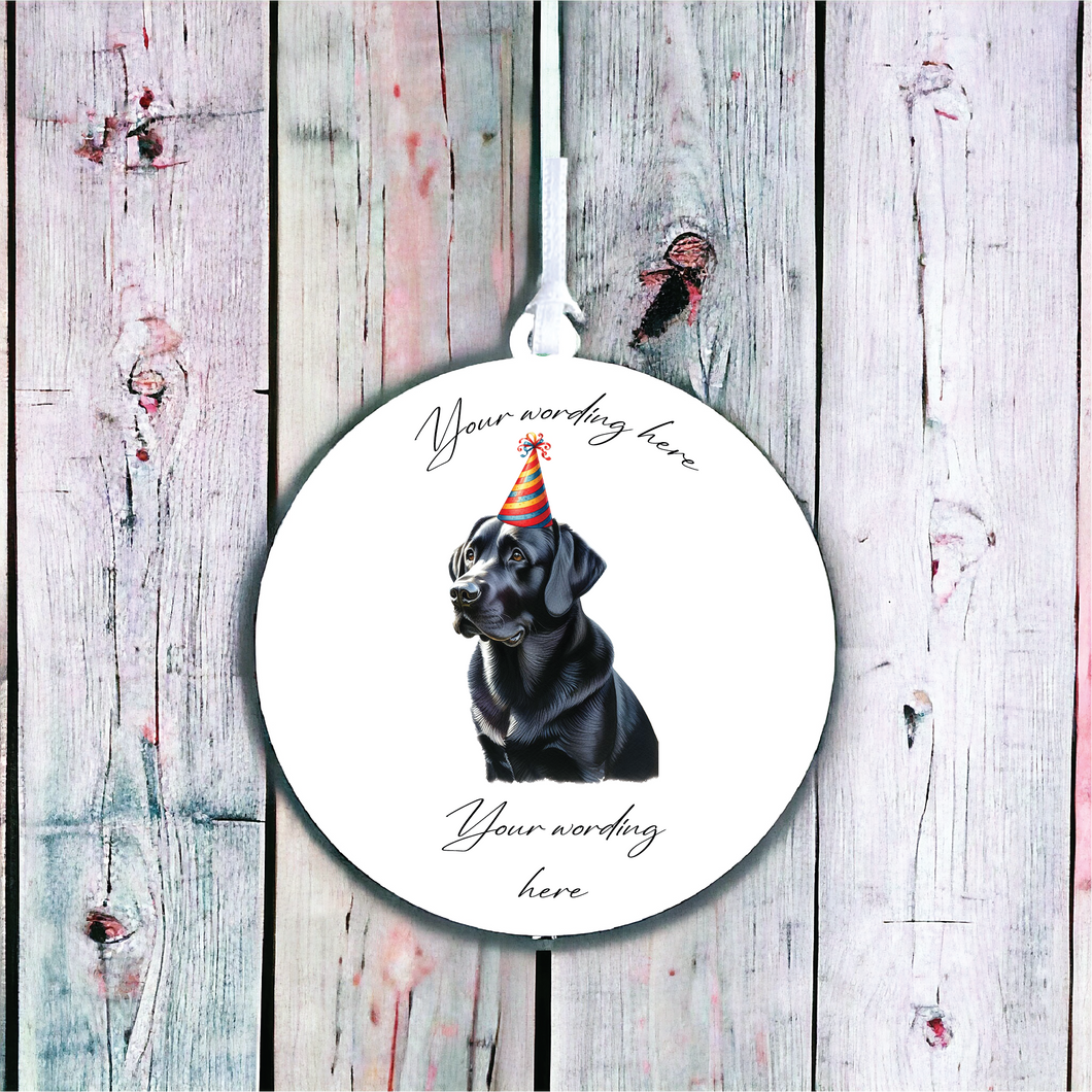 UV692 - Acrylic and UVDTF Personalised Round Hanging - Dog Party Hat - 5 Black Labrador - Olifantjie - Wooden - MDF - Lasercut - Blank - Craft - Kit - Mixed Media - UK