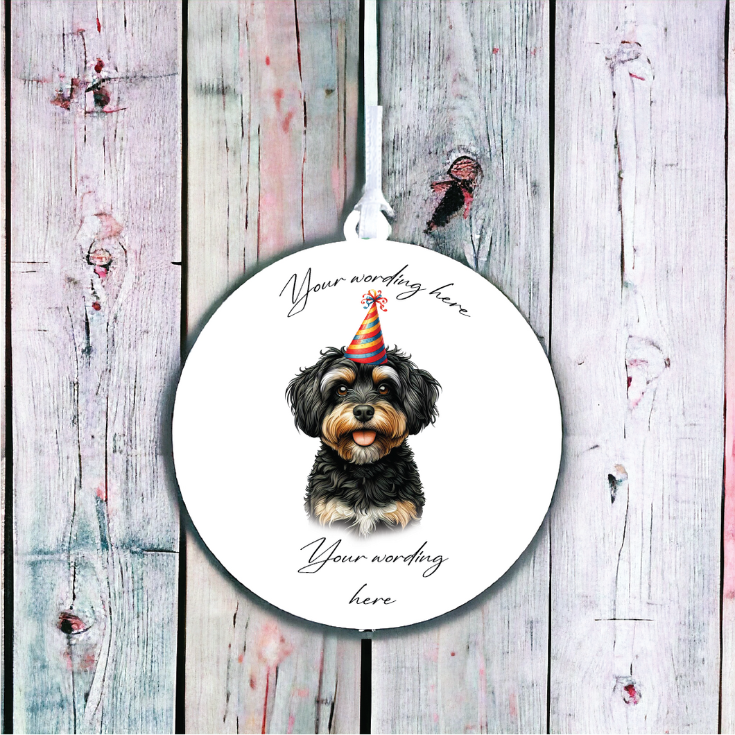 UV748 - Acrylic and UVDTF Personalised Round Hanging - Dog Party Hat - 62 Black and Tan Jackapoo - Olifantjie - Wooden - MDF - Lasercut - Blank - Craft - Kit - Mixed Media - UK