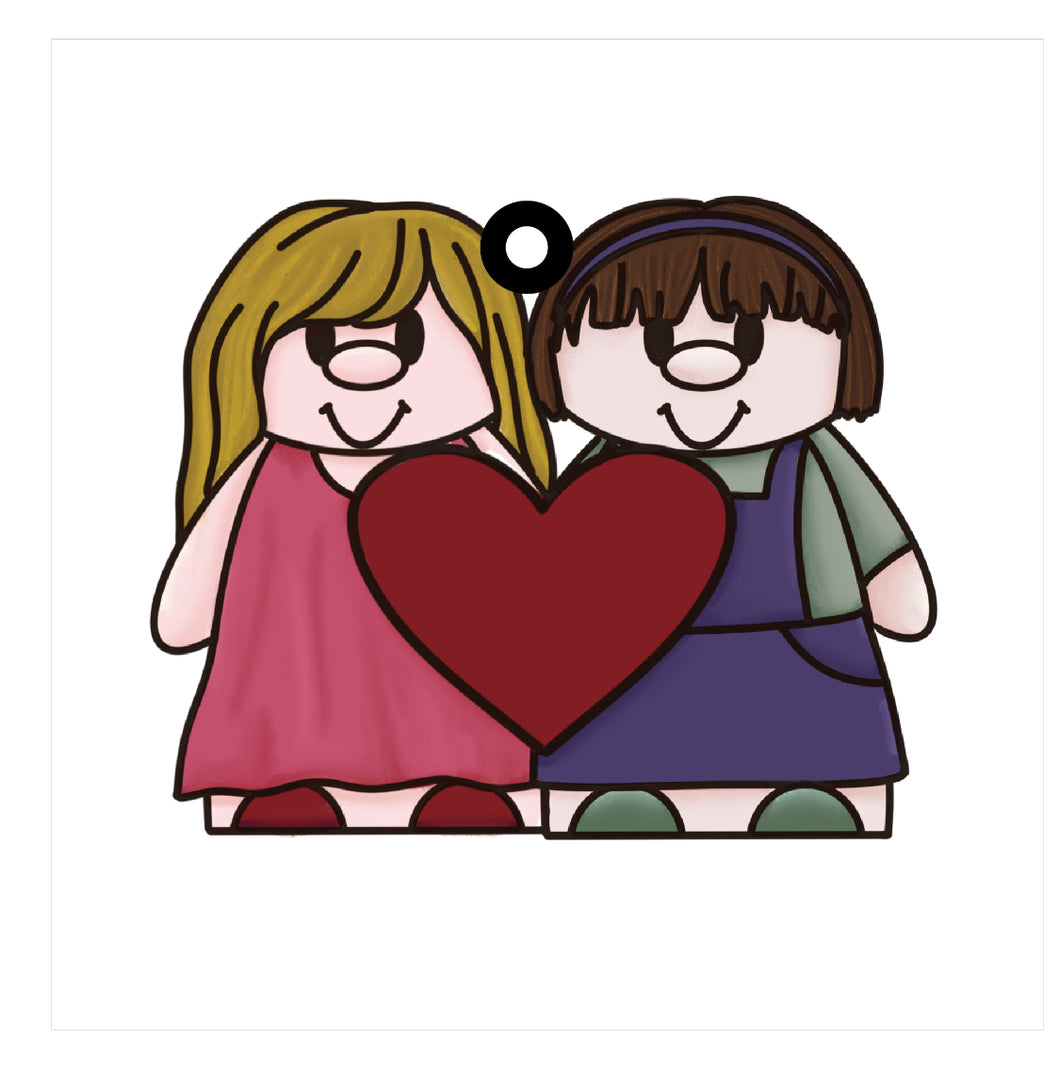 OL4250 - MDF Naive Figures 12.5cm Doodle Hanging Heart - 2 Female - Olifantjie - Wooden - MDF - Lasercut - Blank - Craft - Kit - Mixed Media - UK