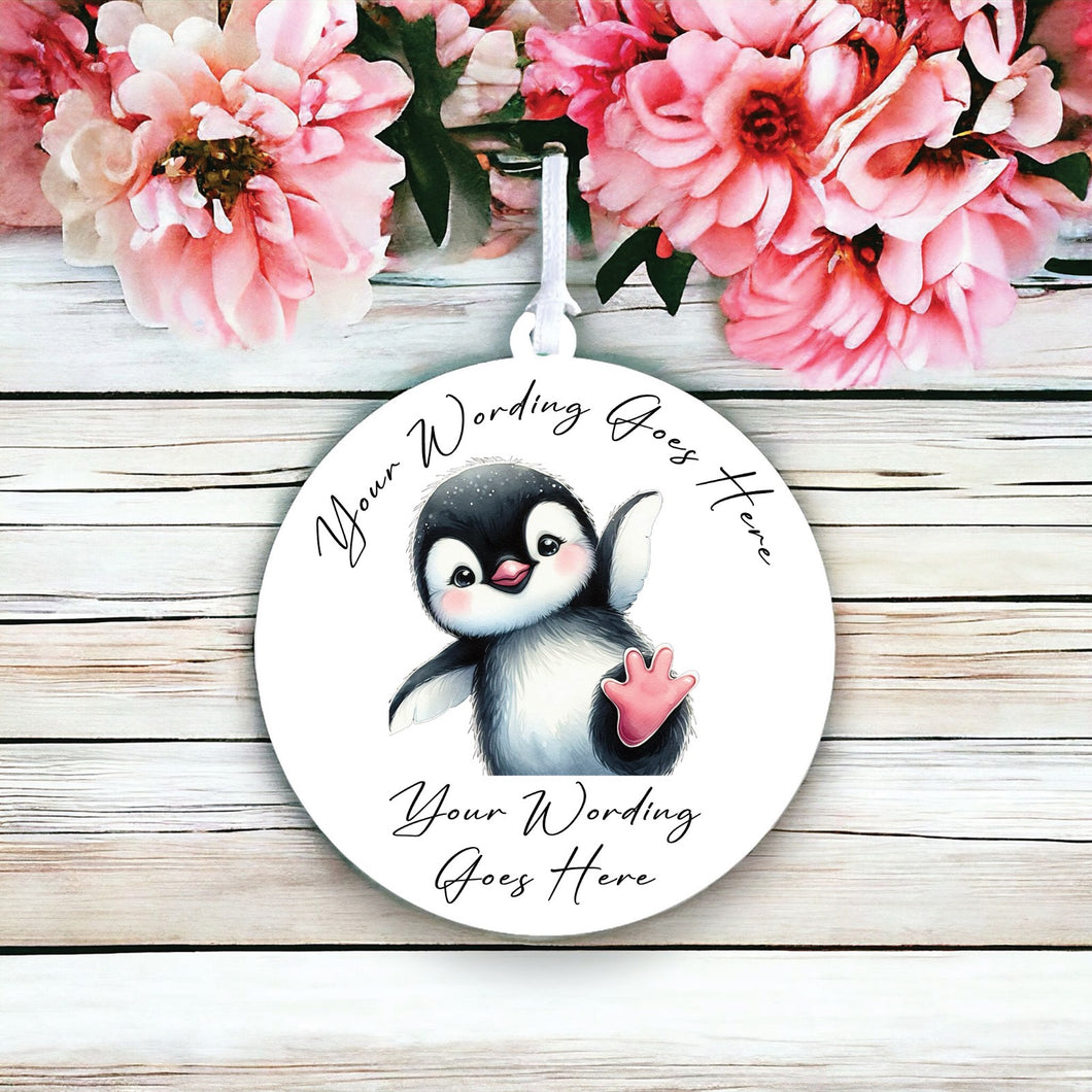UV858 - Acrylic and UVDTF Personalised Round Hanging - Penguin 3 - Olifantjie - Wooden - MDF - Lasercut - Blank - Craft - Kit - Mixed Media - UK