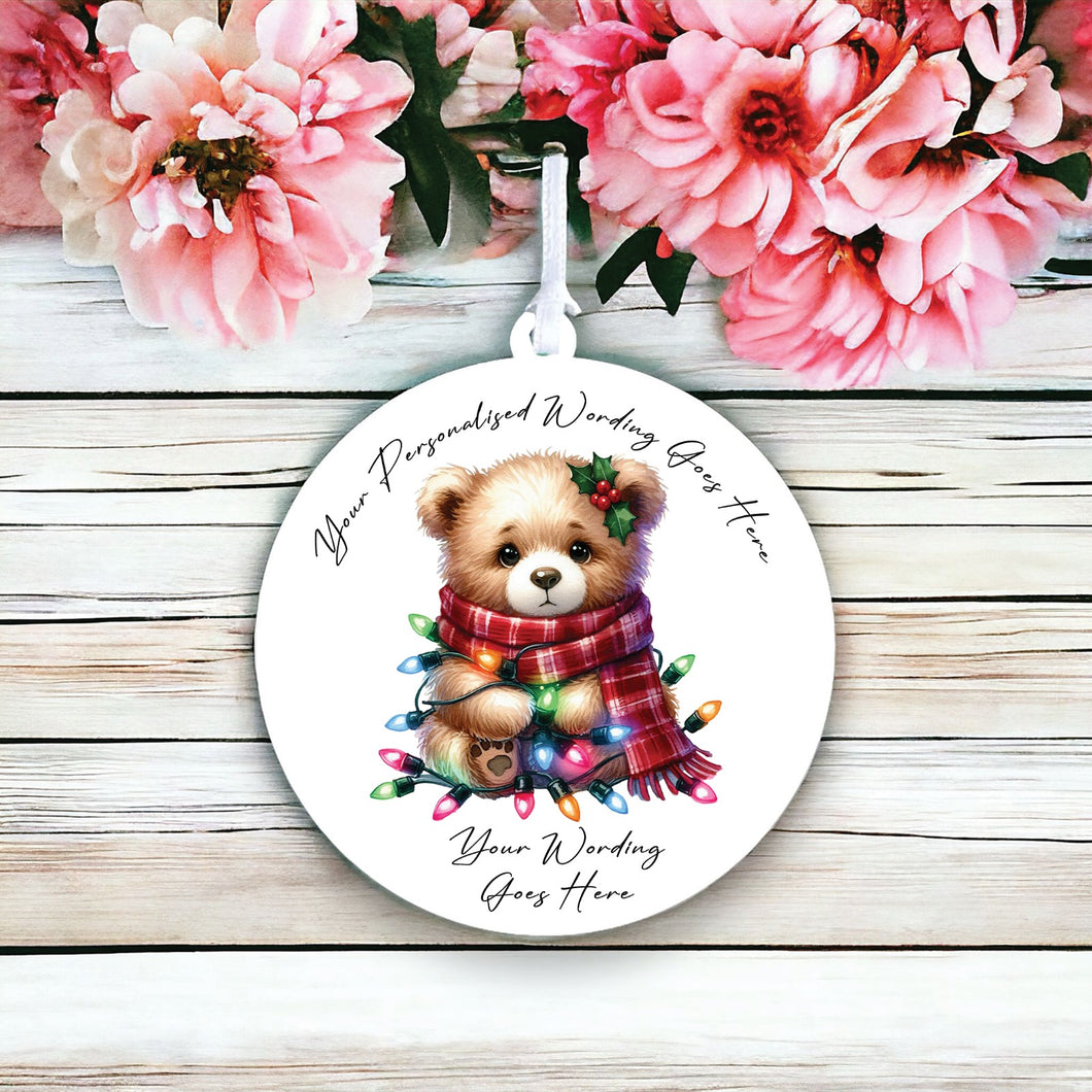 UV905 - Acrylic and UVDTF Personalised Round Hanging - Christmas Animal Tangled Lights - Teddy Bear 3 - Olifantjie - Wooden - MDF - Lasercut - Blank - Craft - Kit - Mixed Media - UK