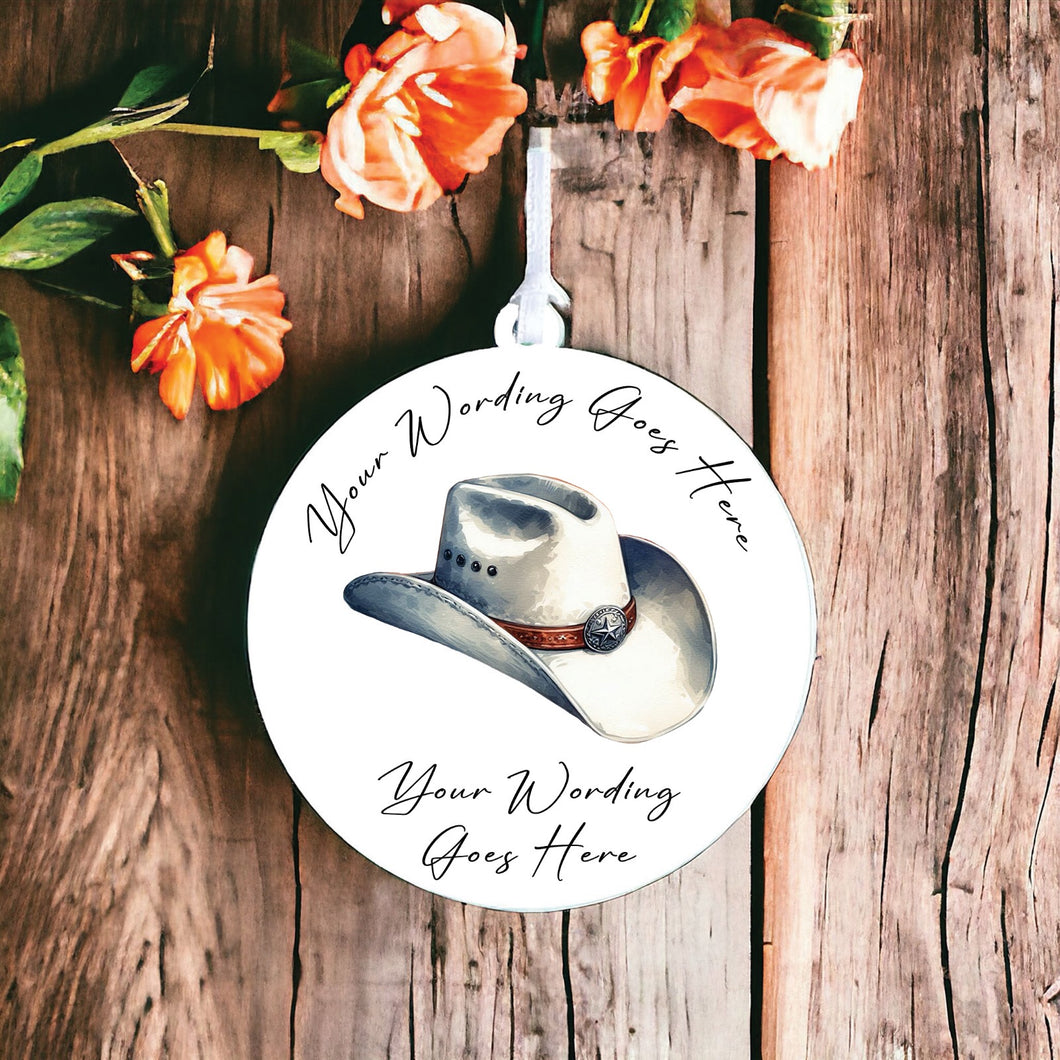 UV829 - Acrylic and UVDTF Personalised Round Hanging - Cowboy Hat 7 - Olifantjie - Wooden - MDF - Lasercut - Blank - Craft - Kit - Mixed Media - UK