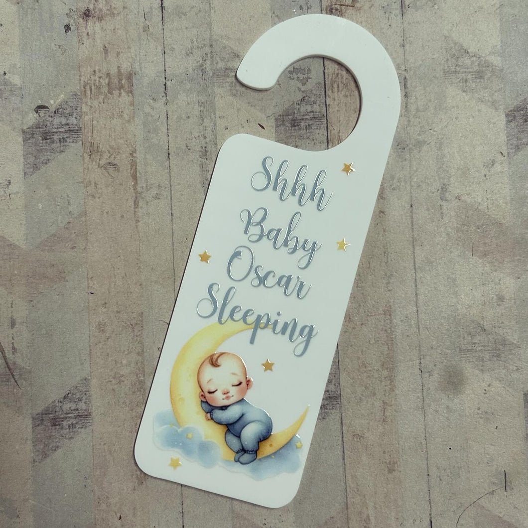 UV233 - UVDTF Door Hanger Personalised decal with optional Acrylic Door Hanger - Shhh Baby Sleeping - Olifantjie - Wooden - MDF - Lasercut - Blank - Craft - Kit - Mixed Media - UK