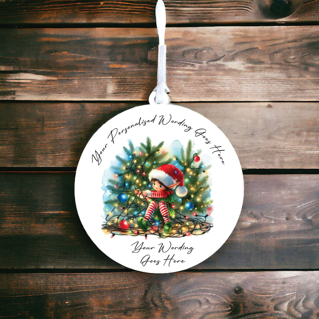 UV914 - Acrylic and UVDTF Personalised Round Hanging - Christmas Animal Tangled Lights - Elf - Olifantjie - Wooden - MDF - Lasercut - Blank - Craft - Kit - Mixed Media - UK