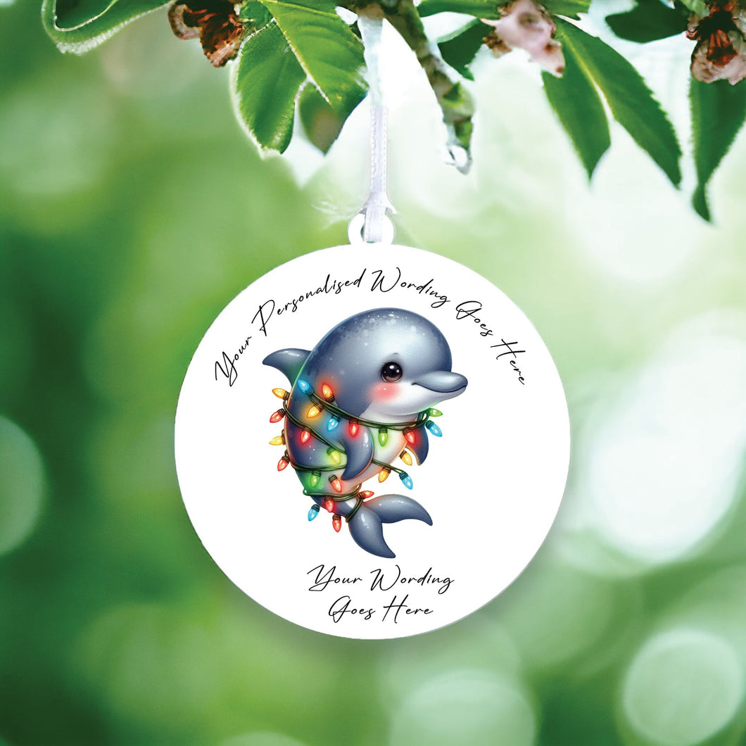 UV909 - Acrylic and UVDTF Personalised Round Hanging - Christmas Animal Tangled Lights - Dolphin 2 - Olifantjie - Wooden - MDF - Lasercut - Blank - Craft - Kit - Mixed Media - UK