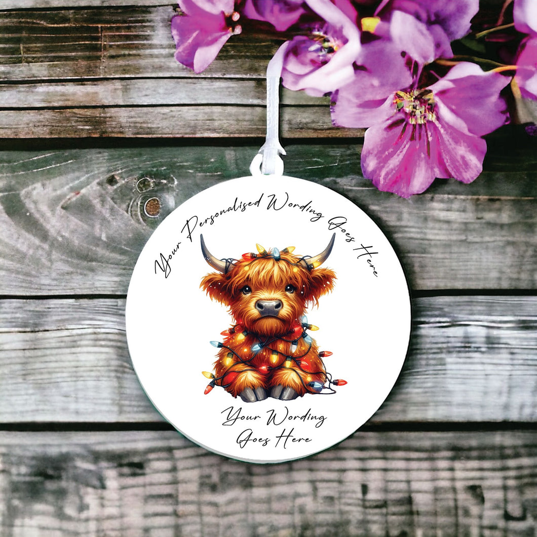 UV927 - Acrylic and UVDTF Personalised Round Hanging - Christmas Animal Tangled Lights - Highland Cow 2 - Olifantjie - Wooden - MDF - Lasercut - Blank - Craft - Kit - Mixed Media - UK