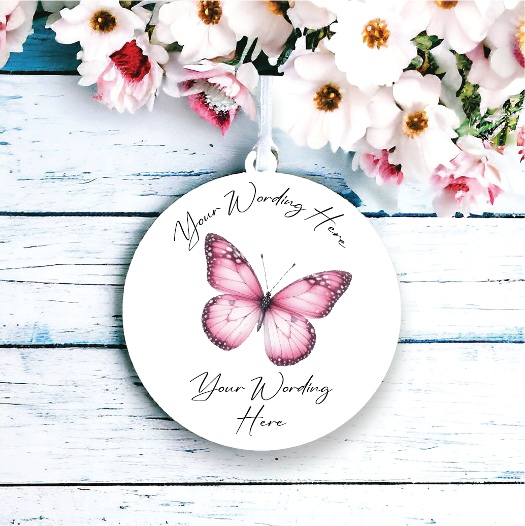 UV781 - Acrylic and UVDTF Personalised Round Hanging - Butterfly - Pink 3 - Olifantjie - Wooden - MDF - Lasercut - Blank - Craft - Kit - Mixed Media - UK
