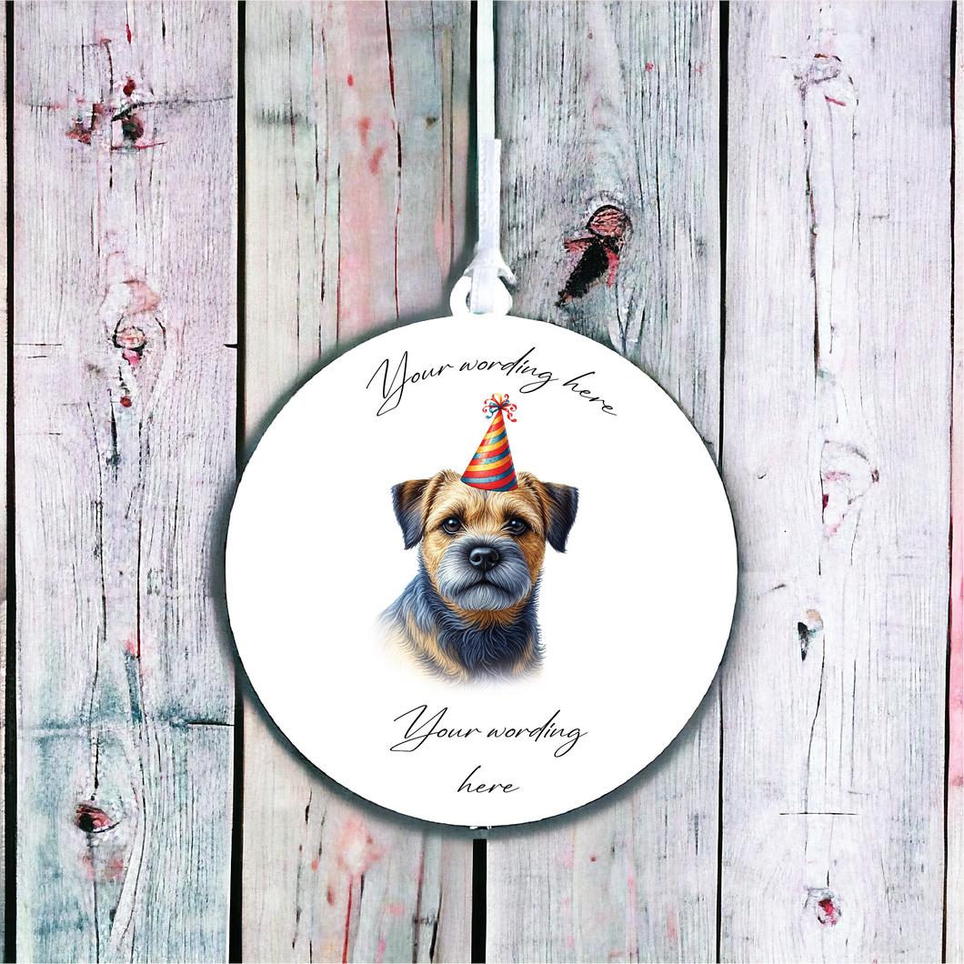 UV694 - Acrylic and UVDTF Personalised Round Hanging - Dog Party Hat - 7 Border Terrier Blue and Tan - Olifantjie - Wooden - MDF - Lasercut - Blank - Craft - Kit - Mixed Media - UK