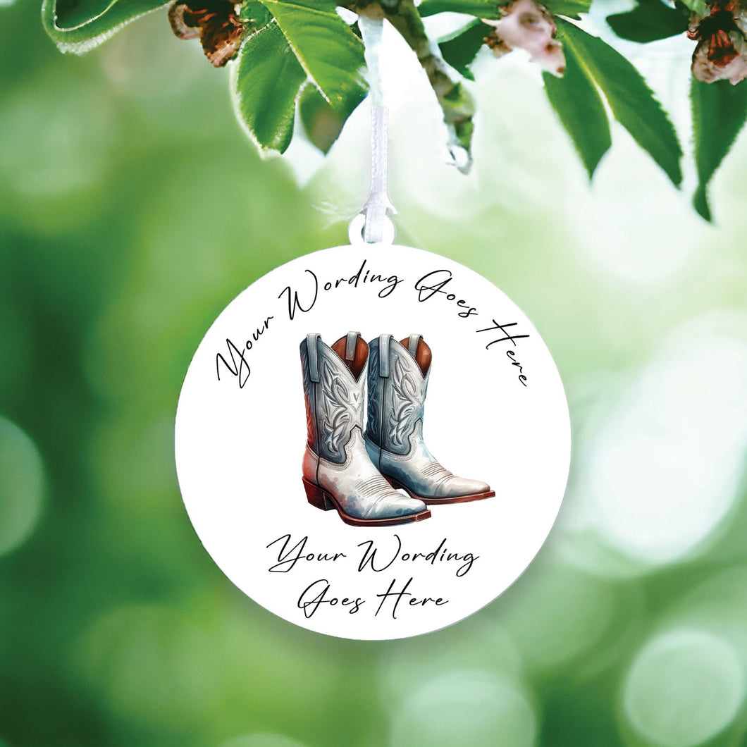 UV842 - Acrylic and UVDTF Personalised Round Hanging - Cowboy Boots 7 - Olifantjie - Wooden - MDF - Lasercut - Blank - Craft - Kit - Mixed Media - UK
