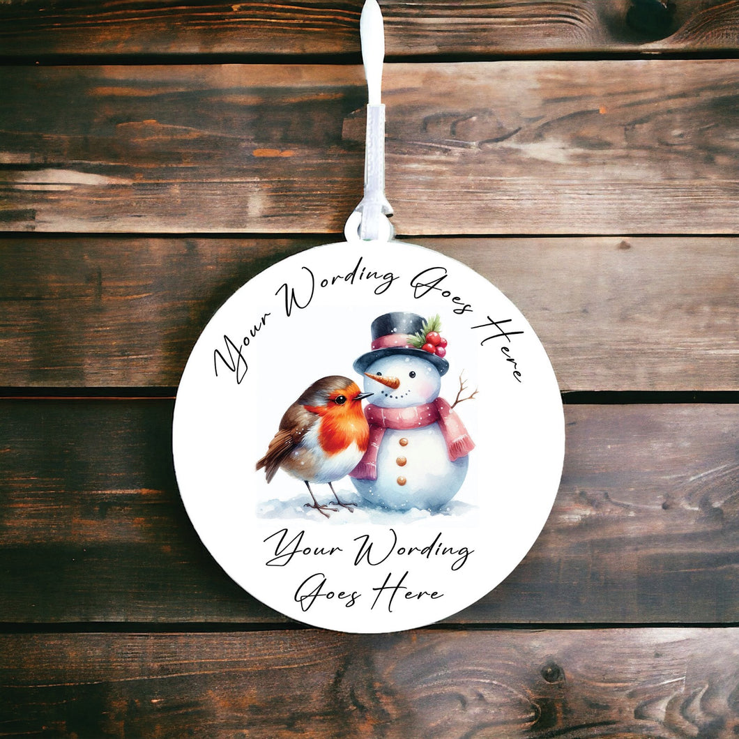 UV853 - Acrylic and UVDTF Personalised Round Hanging - Robin Scene 11 Snowman - Olifantjie - Wooden - MDF - Lasercut - Blank - Craft - Kit - Mixed Media - UK