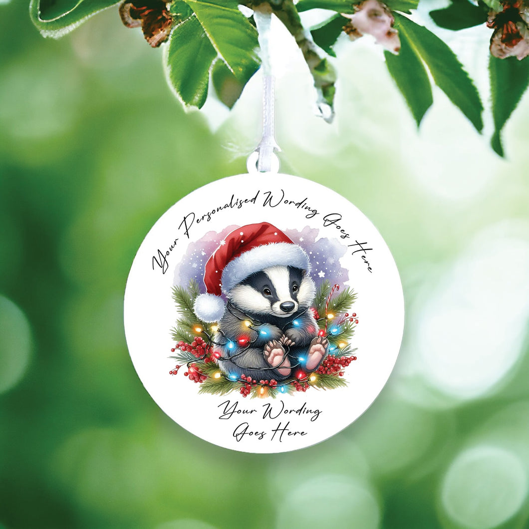 UV896 - Acrylic and UVDTF Personalised Round Hanging - Christmas Animal Tangled Lights - Badger 2 - Olifantjie - Wooden - MDF - Lasercut - Blank - Craft - Kit - Mixed Media - UK