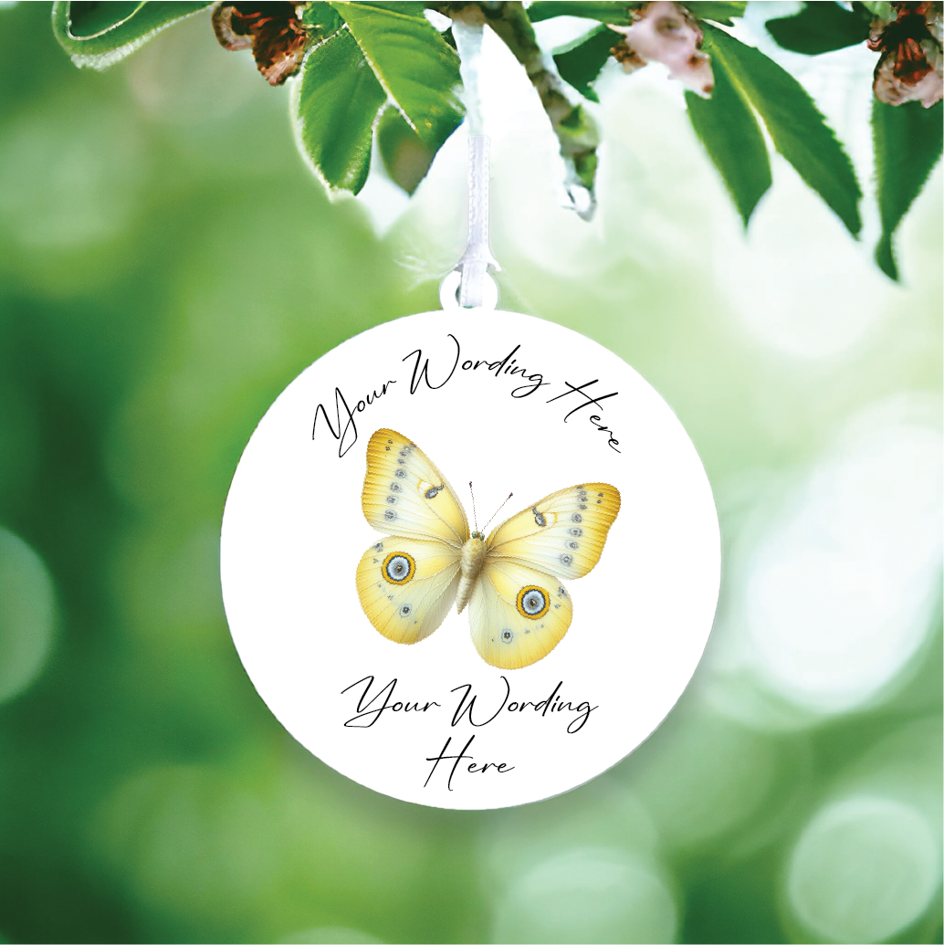 UV782 - Acrylic and UVDTF Personalised Round Hanging - Butterfly - Yellow 1 - Olifantjie - Wooden - MDF - Lasercut - Blank - Craft - Kit - Mixed Media - UK