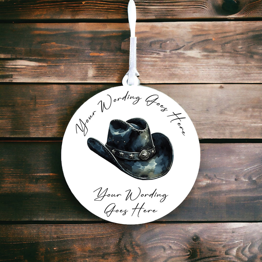 UV833 - Acrylic and UVDTF Personalised Round Hanging - Cowboy Hat 11 - Olifantjie - Wooden - MDF - Lasercut - Blank - Craft - Kit - Mixed Media - UK
