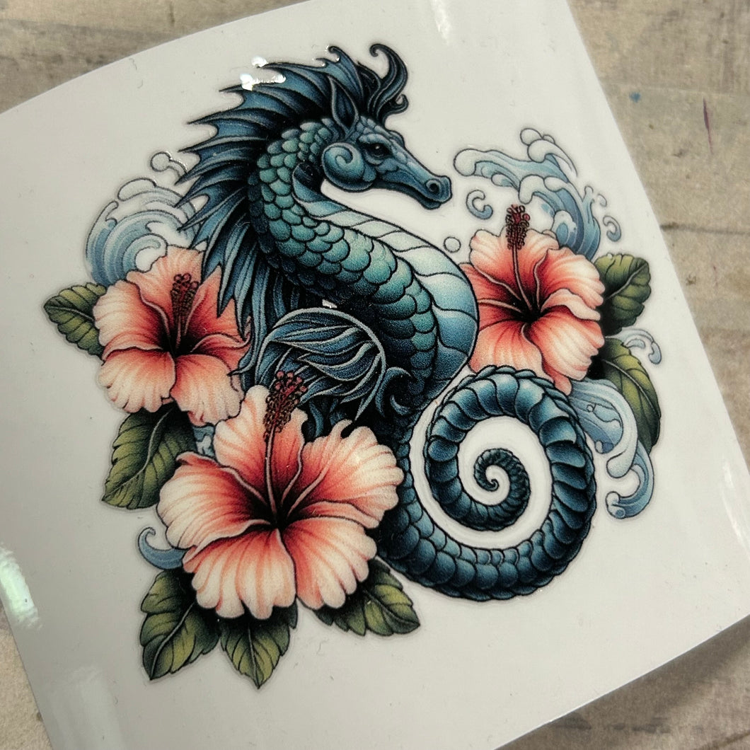 UV303 - UVDTF - Tattoo style Hibiscus Seahorse - tropical sea theme - Olifantjie - Wooden - MDF - Lasercut - Blank - Craft - Kit - Mixed Media - UK