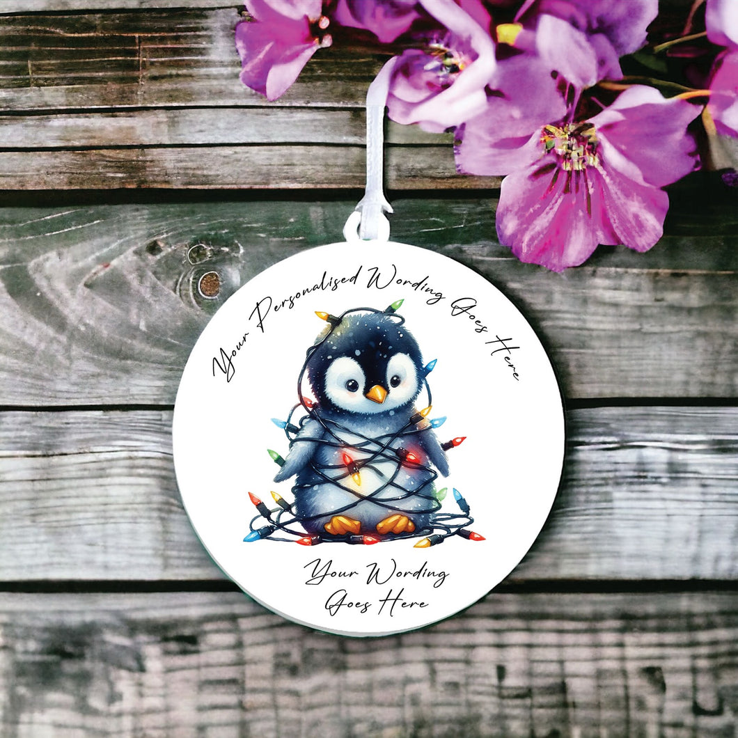 UV947 - Acrylic and UVDTF Personalised Round Hanging - Christmas Animal Tangled Lights - Penguin 1 - Olifantjie - Wooden - MDF - Lasercut - Blank - Craft - Kit - Mixed Media - UK