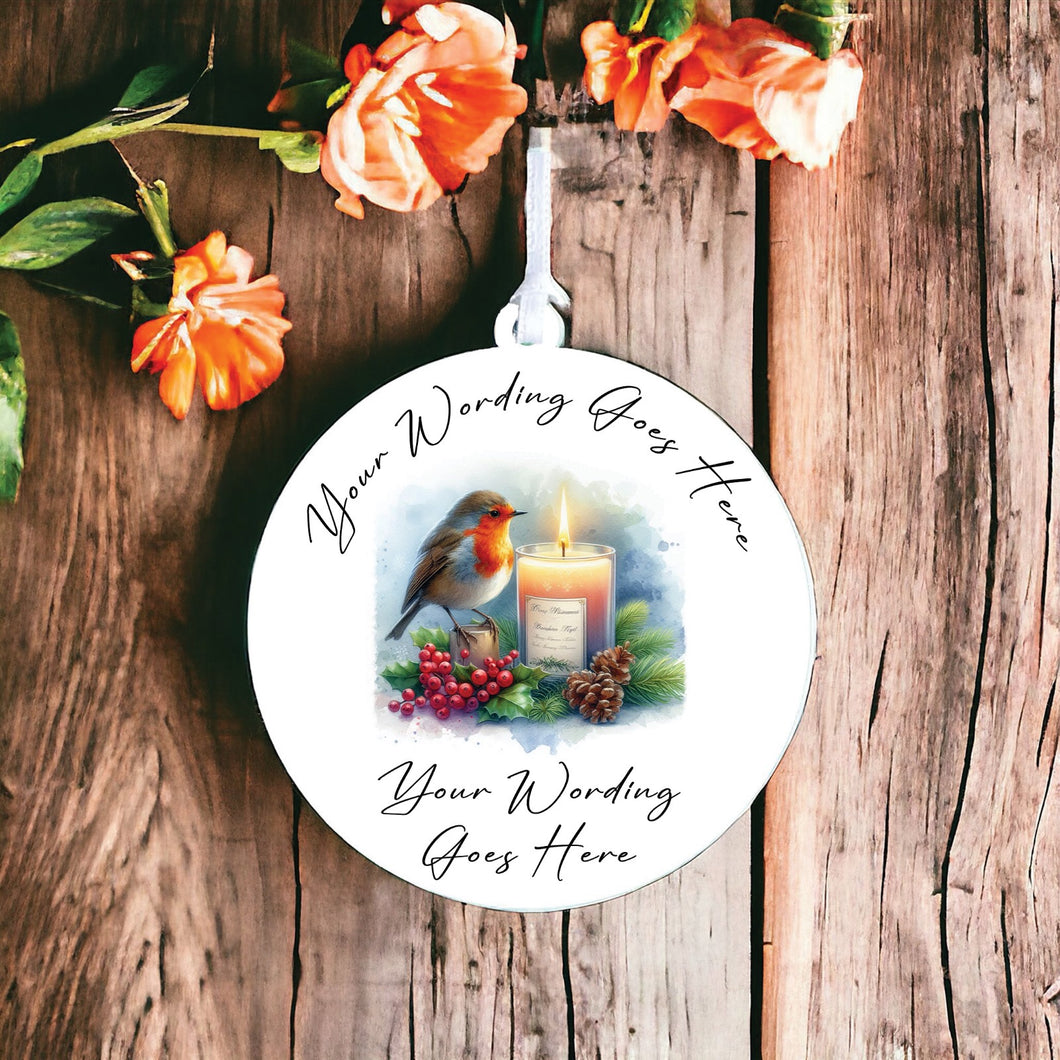 UV847 - Acrylic and UVDTF Personalised Round Hanging - Robin Scene 5 Candle - Olifantjie - Wooden - MDF - Lasercut - Blank - Craft - Kit - Mixed Media - UK