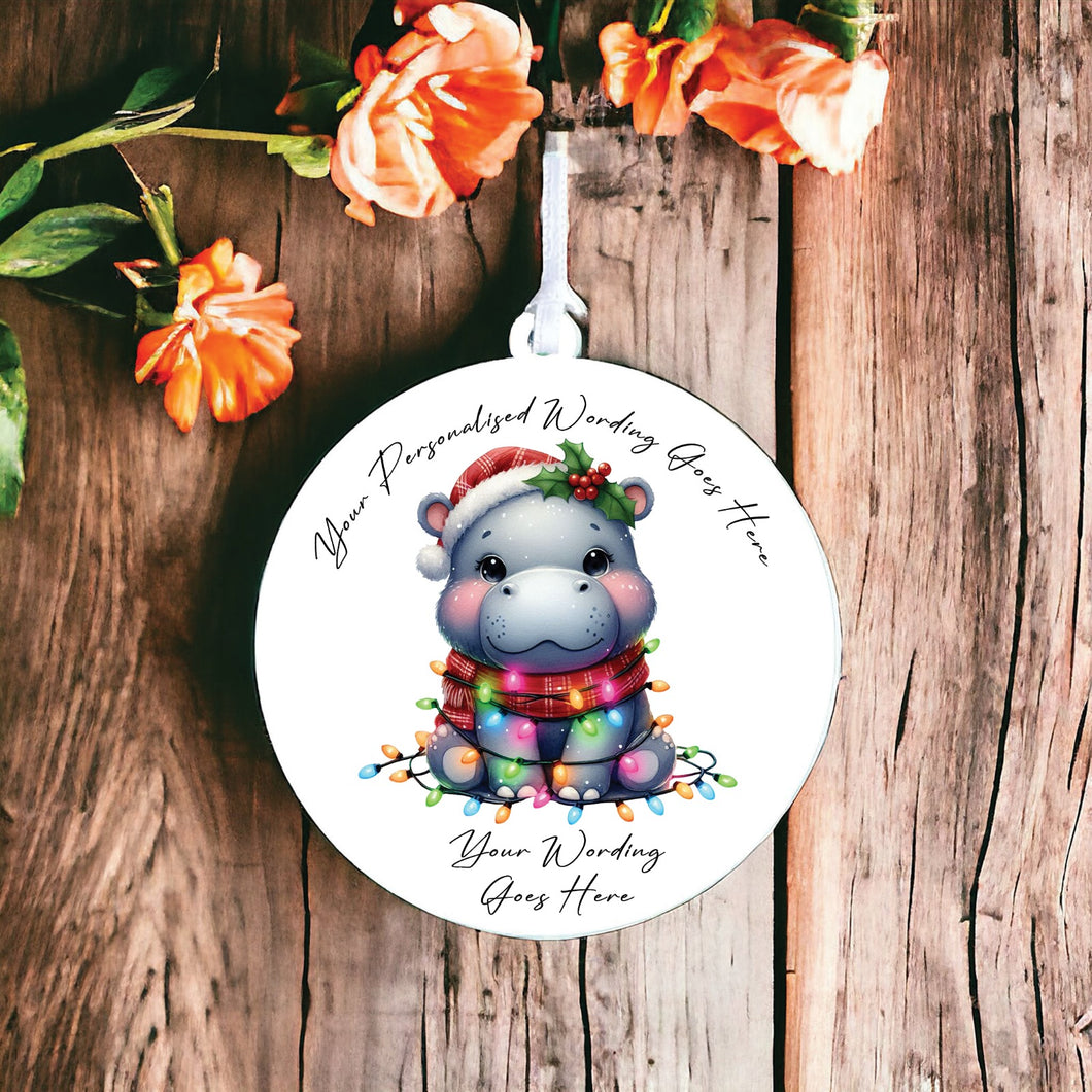 UV941 - Acrylic and UVDTF Personalised Round Hanging - Christmas Animal Tangled Lights - Hippo 3 - Olifantjie - Wooden - MDF - Lasercut - Blank - Craft - Kit - Mixed Media - UK