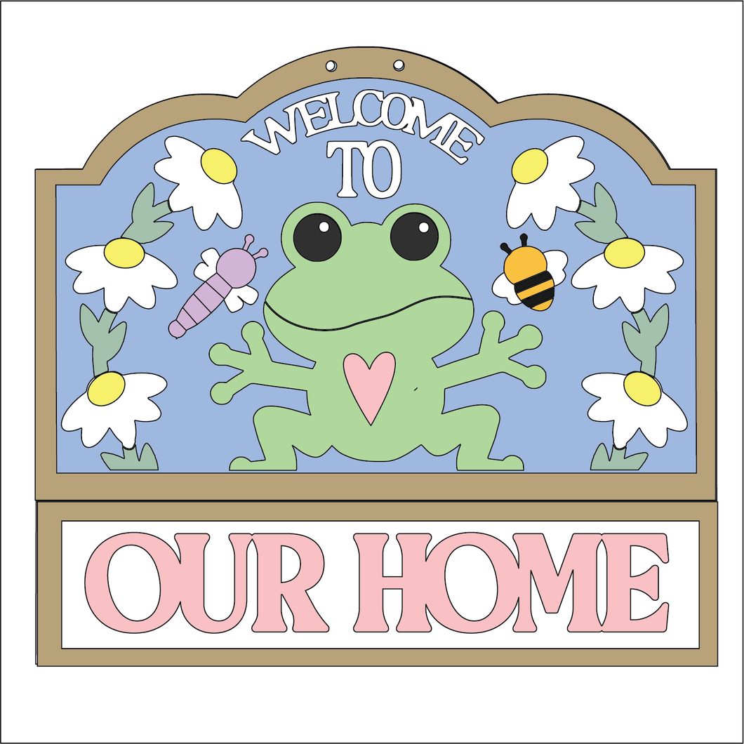 NO753 - MDF Large Frog Daisy Welcome to Our Home Hanging Plaque - Olifantjie - Wooden - MDF - Lasercut - Blank - Craft - Kit - Mixed Media - UK