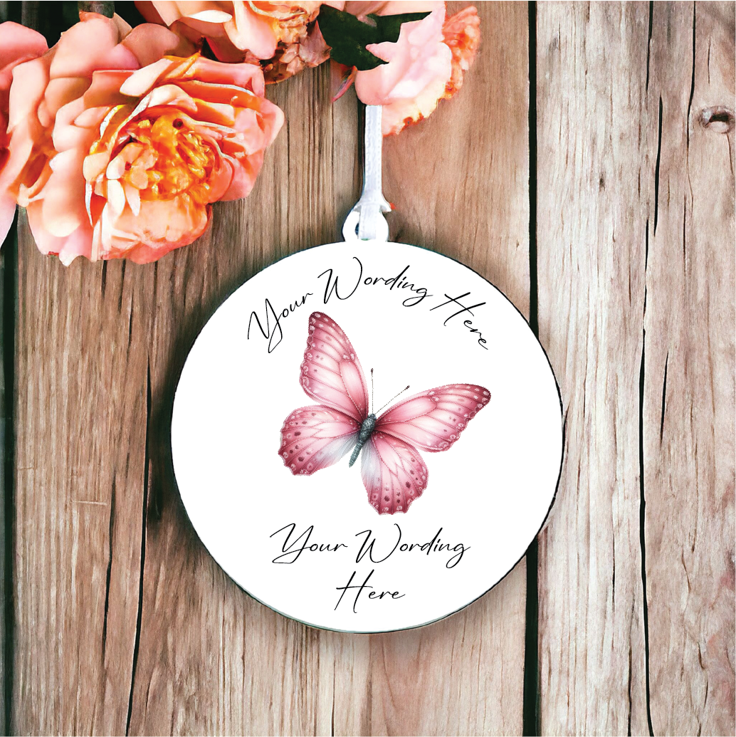 UV783 - Acrylic and UVDTF Personalised Round Hanging - Butterfly - Pink 4 - Olifantjie - Wooden - MDF - Lasercut - Blank - Craft - Kit - Mixed Media - UK