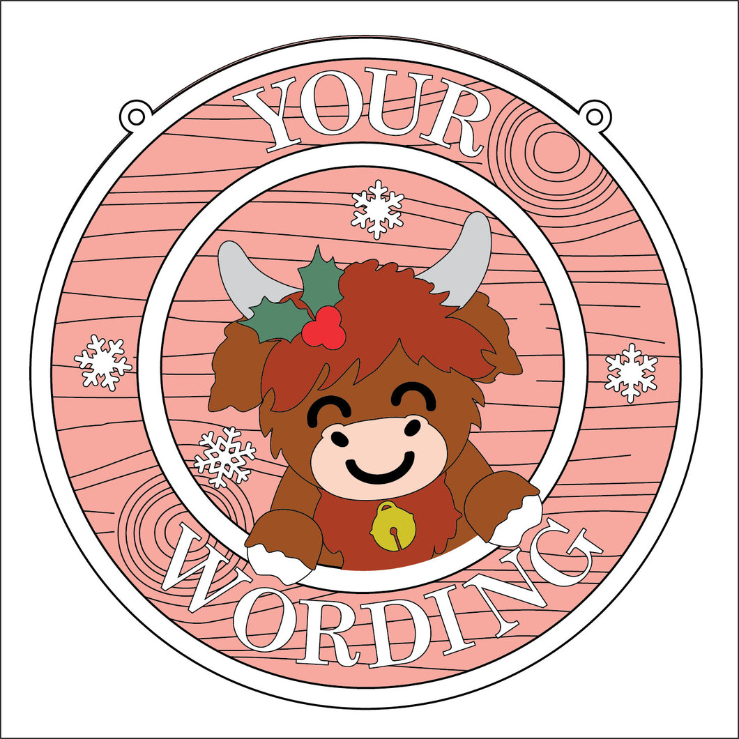 OL5347 - MDF Round Christmas Farmhouse Framed Circle Plaque - Your wording - Highland Cow 2 - Olifantjie - Wooden - MDF - Lasercut - Blank - Craft - Kit - Mixed Media - UK