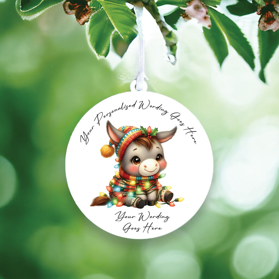 UV910 - Acrylic and UVDTF Personalised Round Hanging - Christmas Animal Tangled Lights - Donkey 2 - Olifantjie - Wooden - MDF - Lasercut - Blank - Craft - Kit - Mixed Media - UK