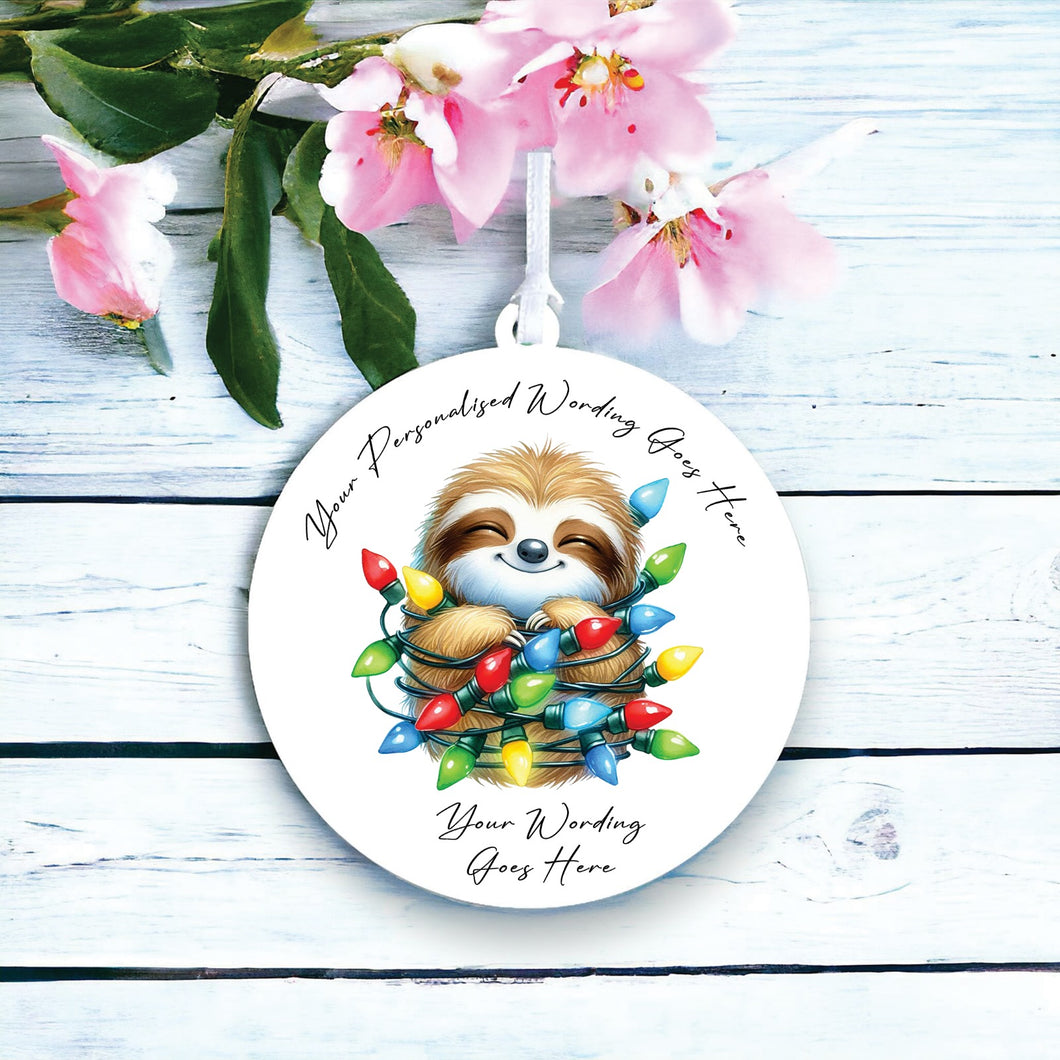 UV970 - Acrylic and UVDTF Personalised Round Hanging - Christmas Animal Tangled Lights - Sloth 1 - Olifantjie - Wooden - MDF - Lasercut - Blank - Craft - Kit - Mixed Media - UK