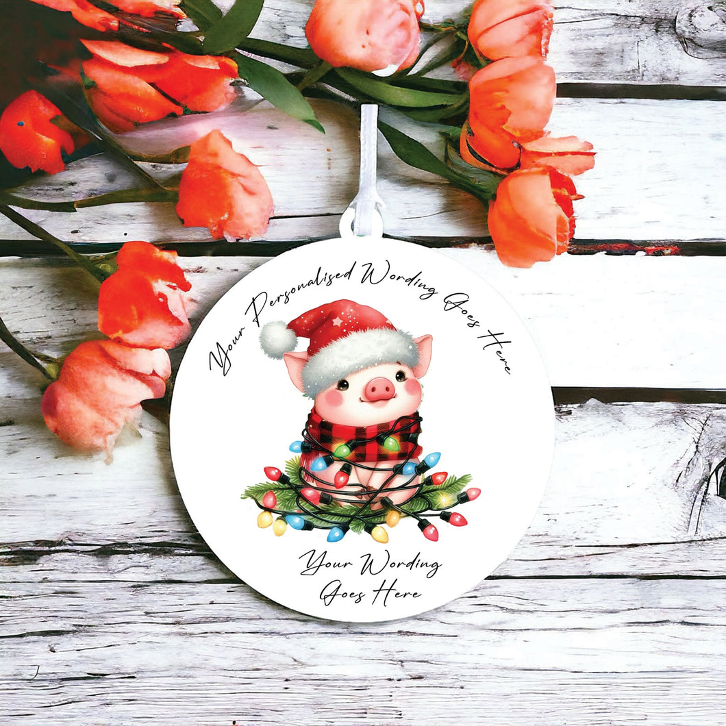 UV949 - Acrylic and UVDTF Personalised Round Hanging - Christmas Animal Tangled Lights - Pig 1 - Olifantjie - Wooden - MDF - Lasercut - Blank - Craft - Kit - Mixed Media - UK