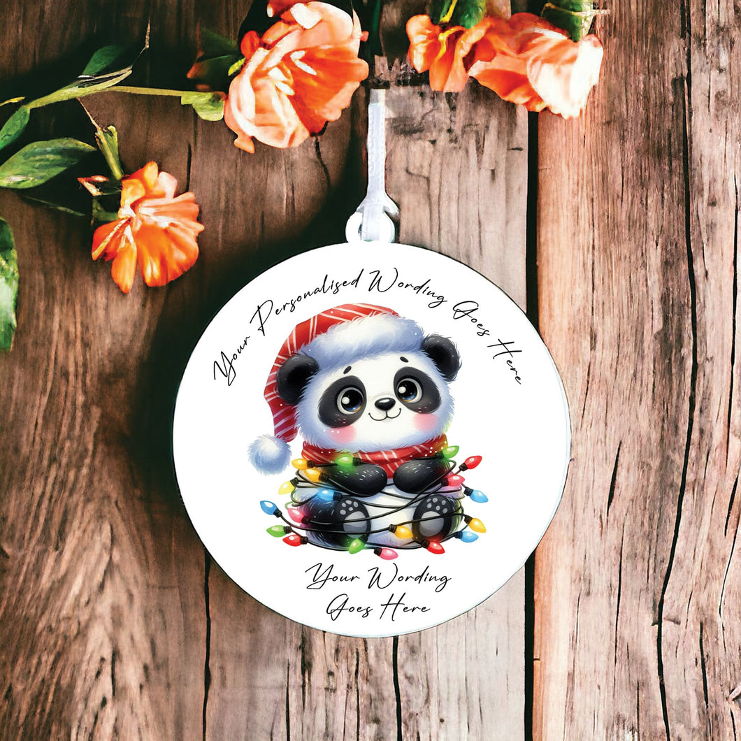 UV945 - Acrylic and UVDTF Personalised Round Hanging - Christmas Animal Tangled Lights - Panda 1 - Olifantjie - Wooden - MDF - Lasercut - Blank - Craft - Kit - Mixed Media - UK