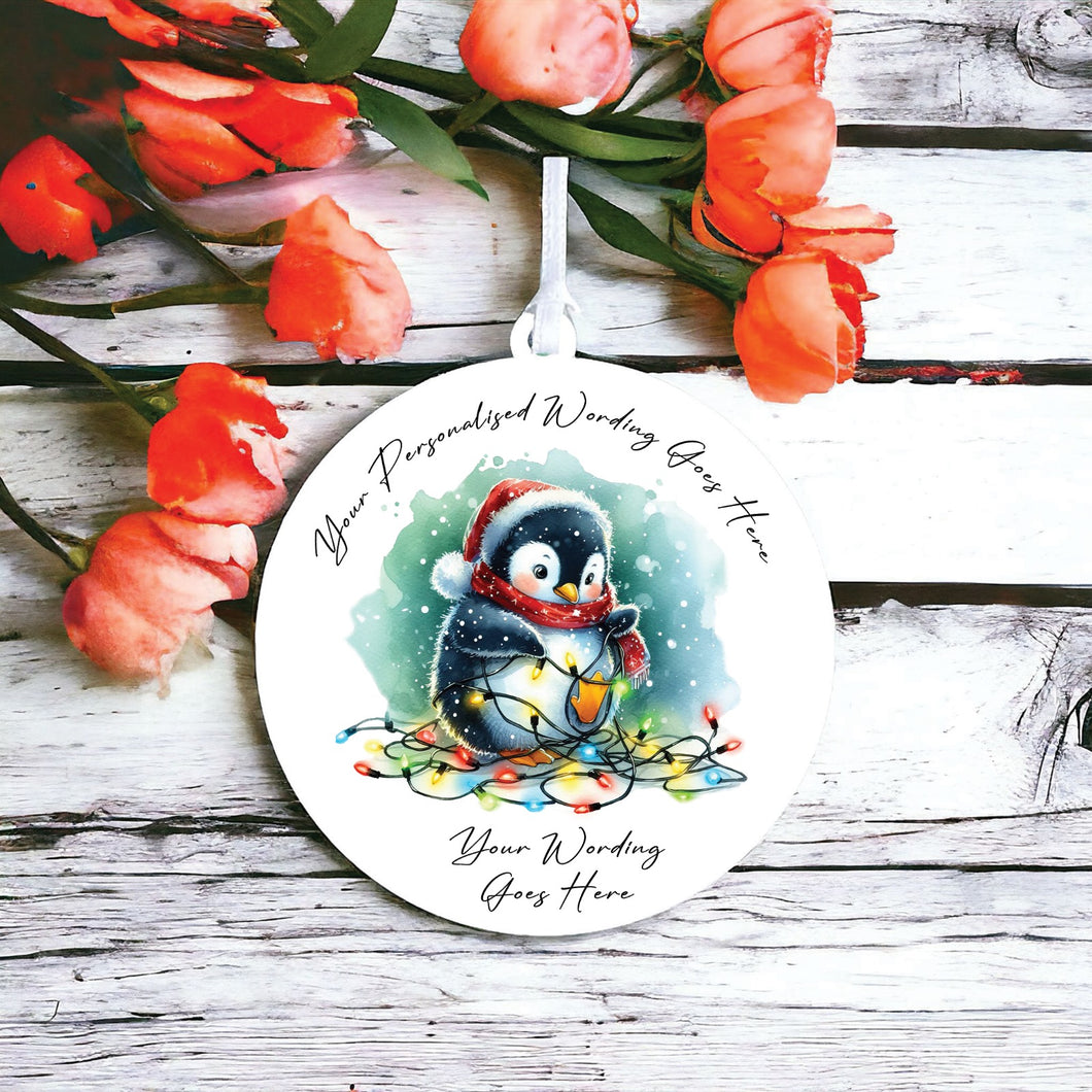 UV955 - Acrylic and UVDTF Personalised Round Hanging - Christmas Animal Tangled Lights - Penguin 2 - Olifantjie - Wooden - MDF - Lasercut - Blank - Craft - Kit - Mixed Media - UK