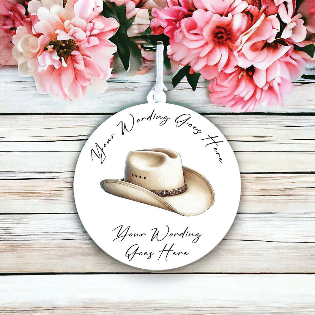 UV825 - Acrylic and UVDTF Personalised Round Hanging - Cowboy Hat 3 - Olifantjie - Wooden - MDF - Lasercut - Blank - Craft - Kit - Mixed Media - UK