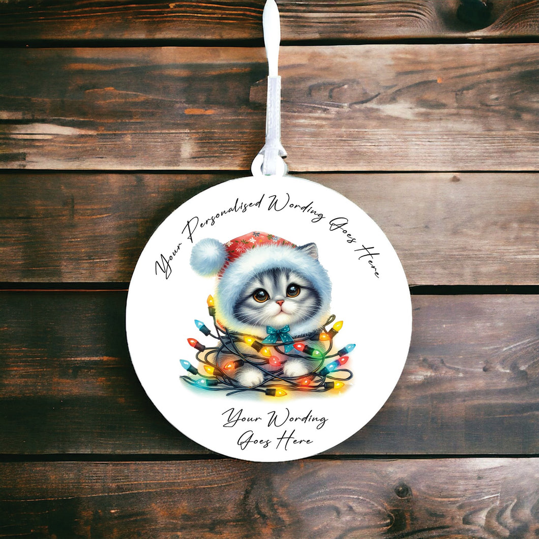 UV898 - Acrylic and UVDTF Personalised Round Hanging - Christmas Animal Tangled Lights - Cat 1 - Olifantjie - Wooden - MDF - Lasercut - Blank - Craft - Kit - Mixed Media - UK