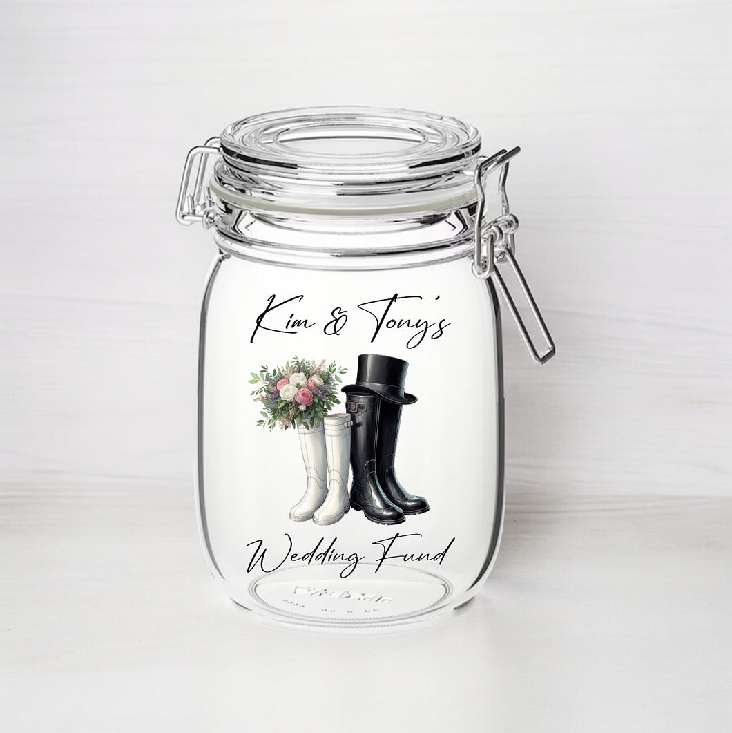 UV268 - Personalised Fund Jar UVDTF Decal - Wedding Wellies themed - Olifantjie - Wooden - MDF - Lasercut - Blank - Craft - Kit - Mixed Media - UK