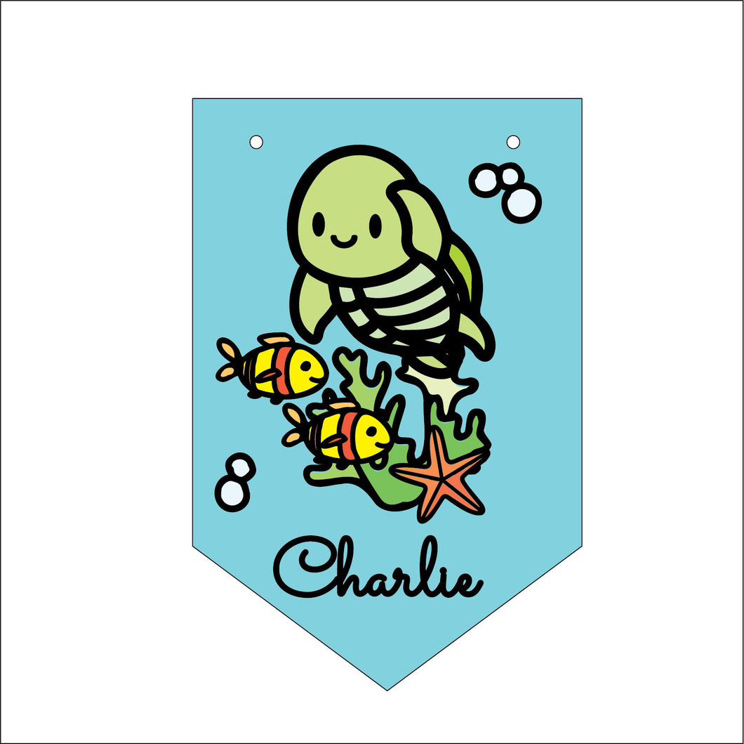 FG046 - MDF Themed Personalised Pennant Flag - MDF Doodle Cute Sea - Turtle - Olifantjie - Wooden - MDF - Lasercut - Blank - Craft - Kit - Mixed Media - UK