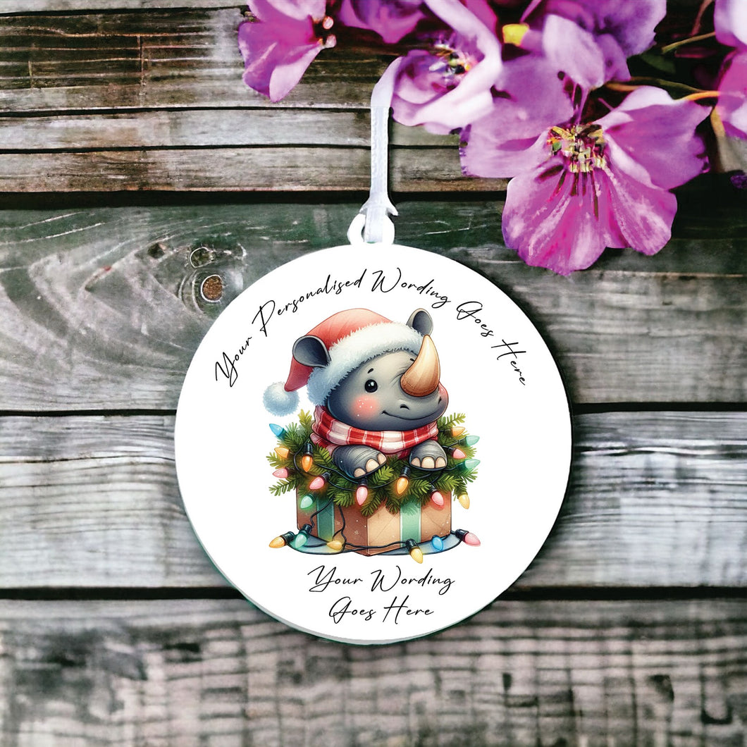 UV960 - Acrylic and UVDTF Personalised Round Hanging - Christmas Animal Tangled Lights - Rhino 1 - Olifantjie - Wooden - MDF - Lasercut - Blank - Craft - Kit - Mixed Media - UK