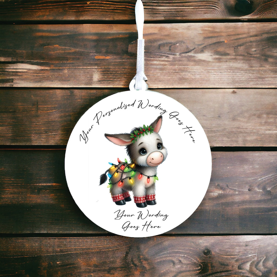 UV906 - Acrylic and UVDTF Personalised Round Hanging - Christmas Animal Tangled Lights - Donkey 1 - Olifantjie - Wooden - MDF - Lasercut - Blank - Craft - Kit - Mixed Media - UK