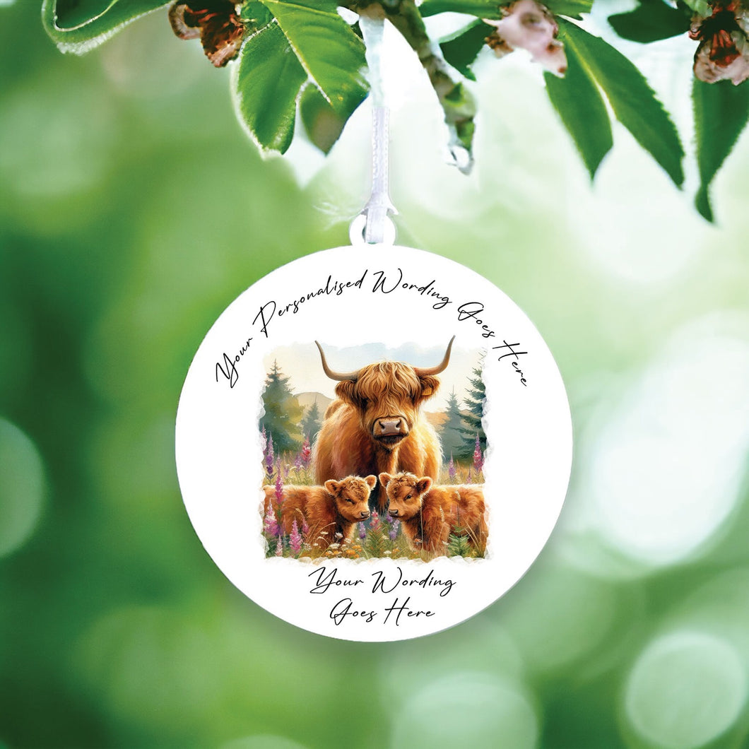 UV879 - Acrylic and UVDTF Personalised Round Hanging - Highland Cow 13 - Olifantjie - Wooden - MDF - Lasercut - Blank - Craft - Kit - Mixed Media - UK