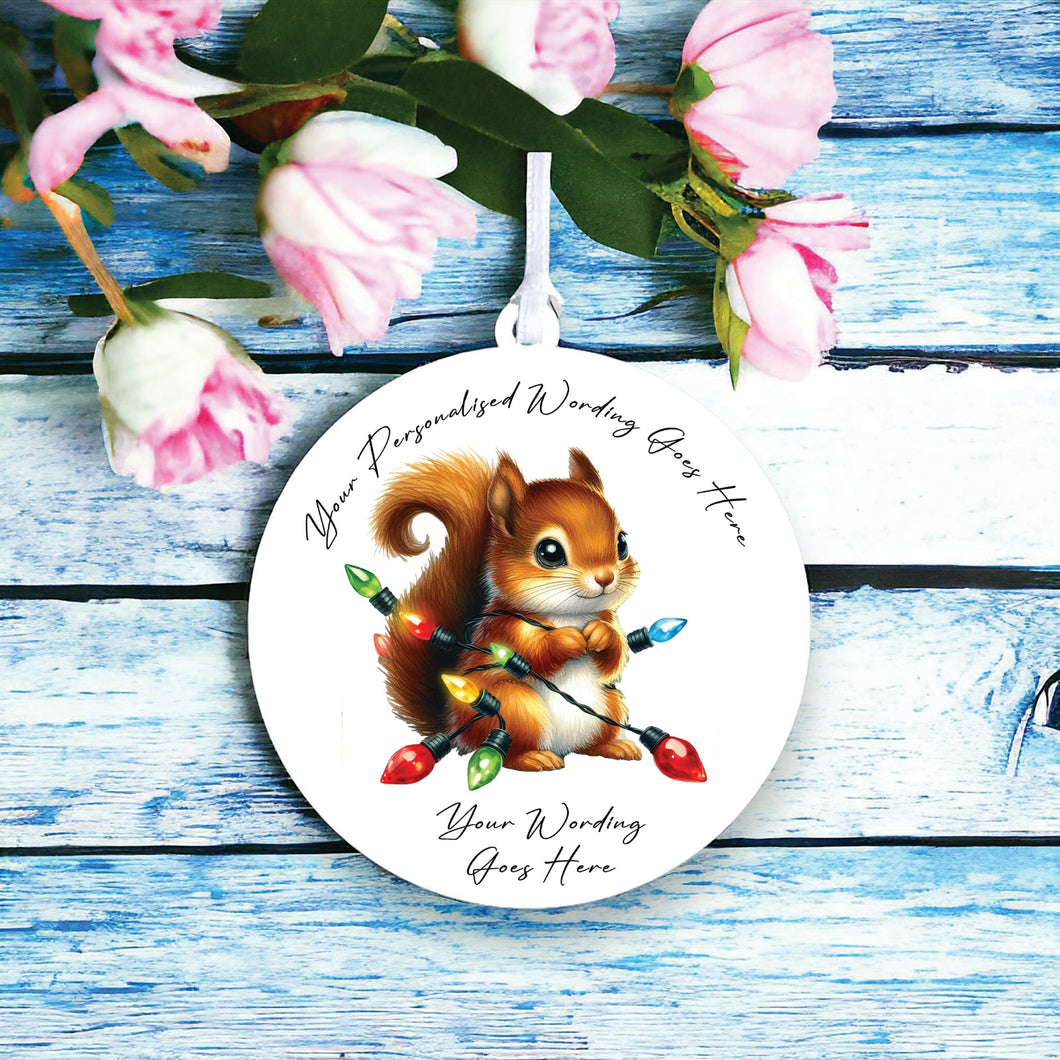UV967 - Acrylic and UVDTF Personalised Round Hanging - Christmas Animal Tangled Lights - Squirrel 2 - Olifantjie - Wooden - MDF - Lasercut - Blank - Craft - Kit - Mixed Media - UK
