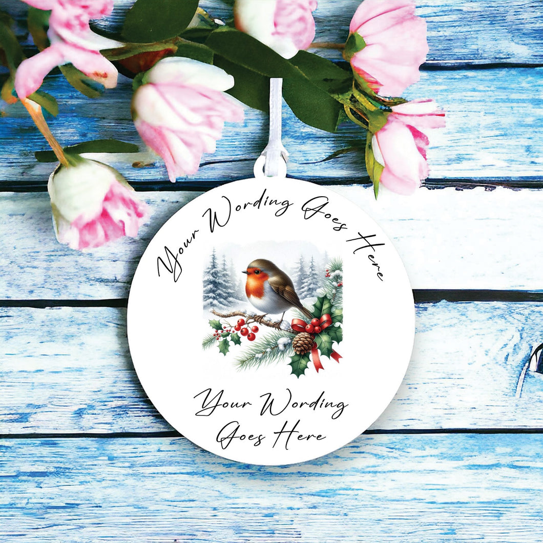 UV851 - Acrylic and UVDTF Personalised Round Hanging - Robin Scene 9 Branch - Olifantjie - Wooden - MDF - Lasercut - Blank - Craft - Kit - Mixed Media - UK