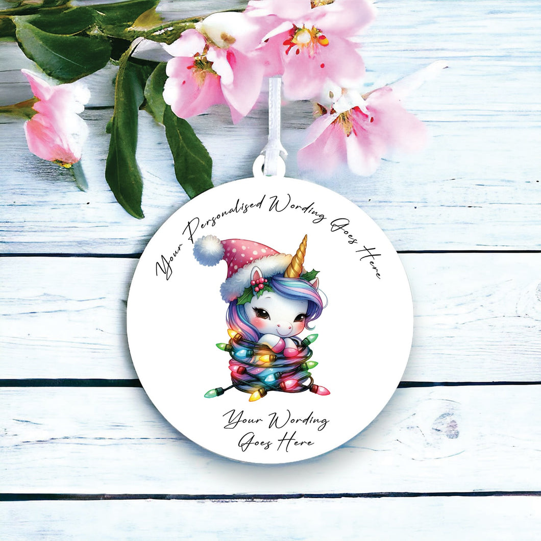 UV973 - Acrylic and UVDTF Personalised Round Hanging - Christmas Animal Tangled Lights - Unicorn 2 - Olifantjie - Wooden - MDF - Lasercut - Blank - Craft - Kit - Mixed Media - UK