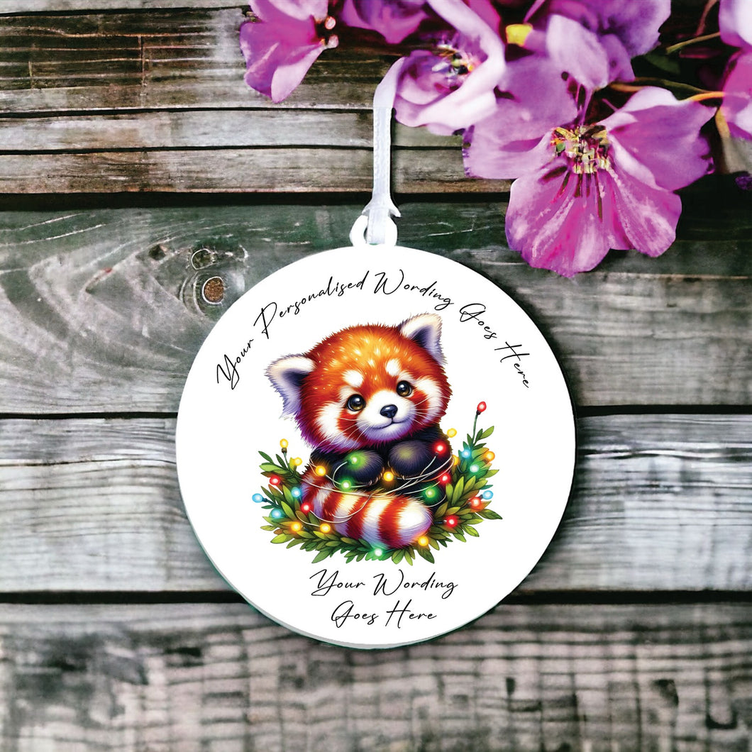 UV958 - Acrylic and UVDTF Personalised Round Hanging - Christmas Animal Tangled Lights - Red Panda 1 - Olifantjie - Wooden - MDF - Lasercut - Blank - Craft - Kit - Mixed Media - UK