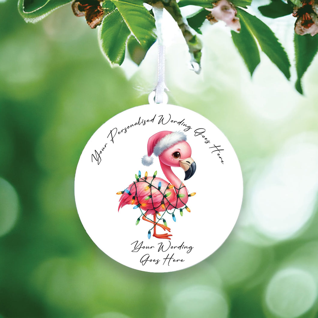 UV911 - Acrylic and UVDTF Personalised Round Hanging - Christmas Animal Tangled Lights - Flamingo 1 - Olifantjie - Wooden - MDF - Lasercut - Blank - Craft - Kit - Mixed Media - UK