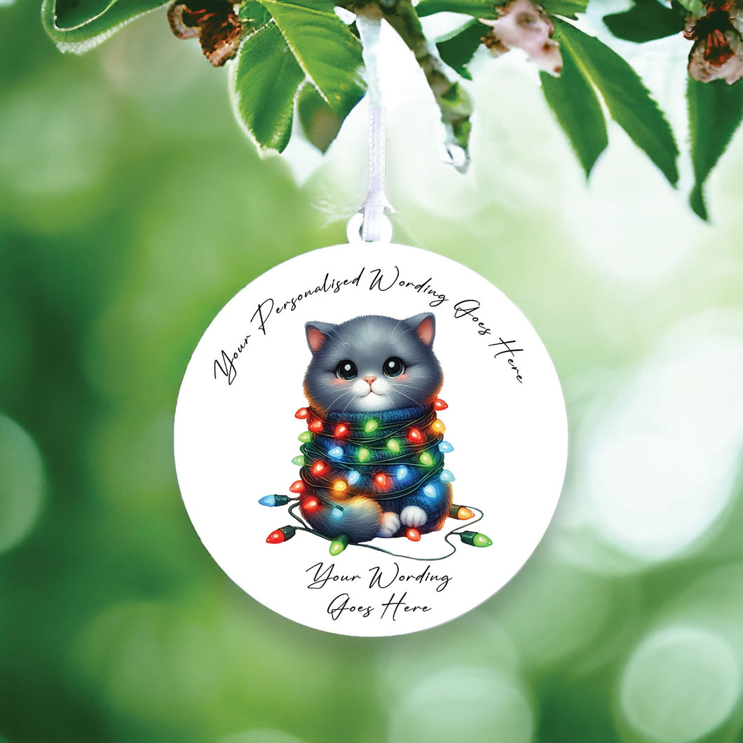 UV899 - Acrylic and UVDTF Personalised Round Hanging - Christmas Animal Tangled Lights - Cat 2 - Olifantjie - Wooden - MDF - Lasercut - Blank - Craft - Kit - Mixed Media - UK