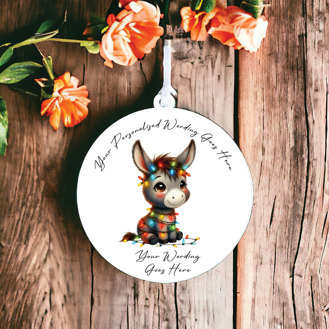 UV915 - Acrylic and UVDTF Personalised Round Hanging - Christmas Animal Tangled Lights - Donkey 4 - Olifantjie - Wooden - MDF - Lasercut - Blank - Craft - Kit - Mixed Media - UK