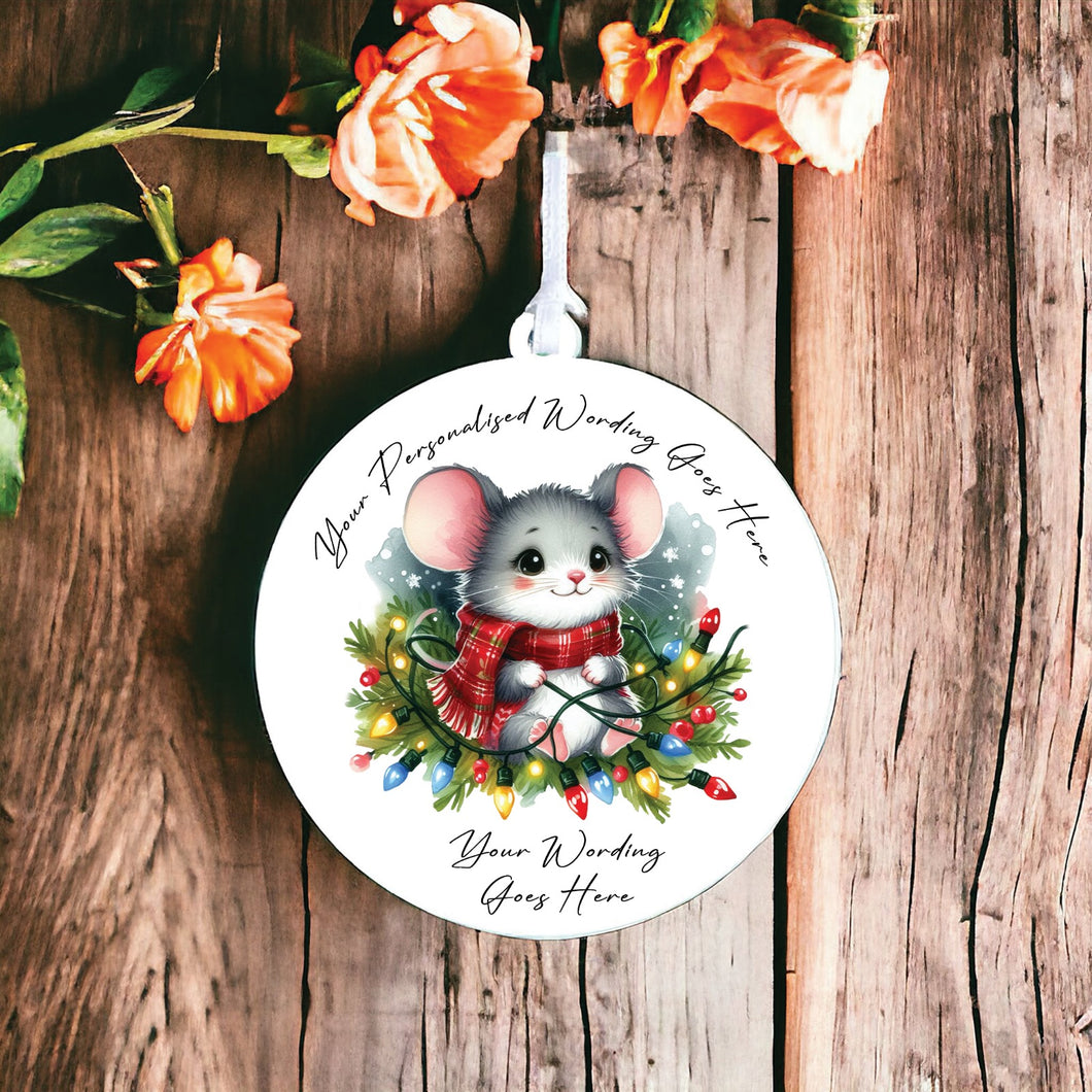 UV943 - Acrylic and UVDTF Personalised Round Hanging - Christmas Animal Tangled Lights - Mouse 1 - Olifantjie - Wooden - MDF - Lasercut - Blank - Craft - Kit - Mixed Media - UK