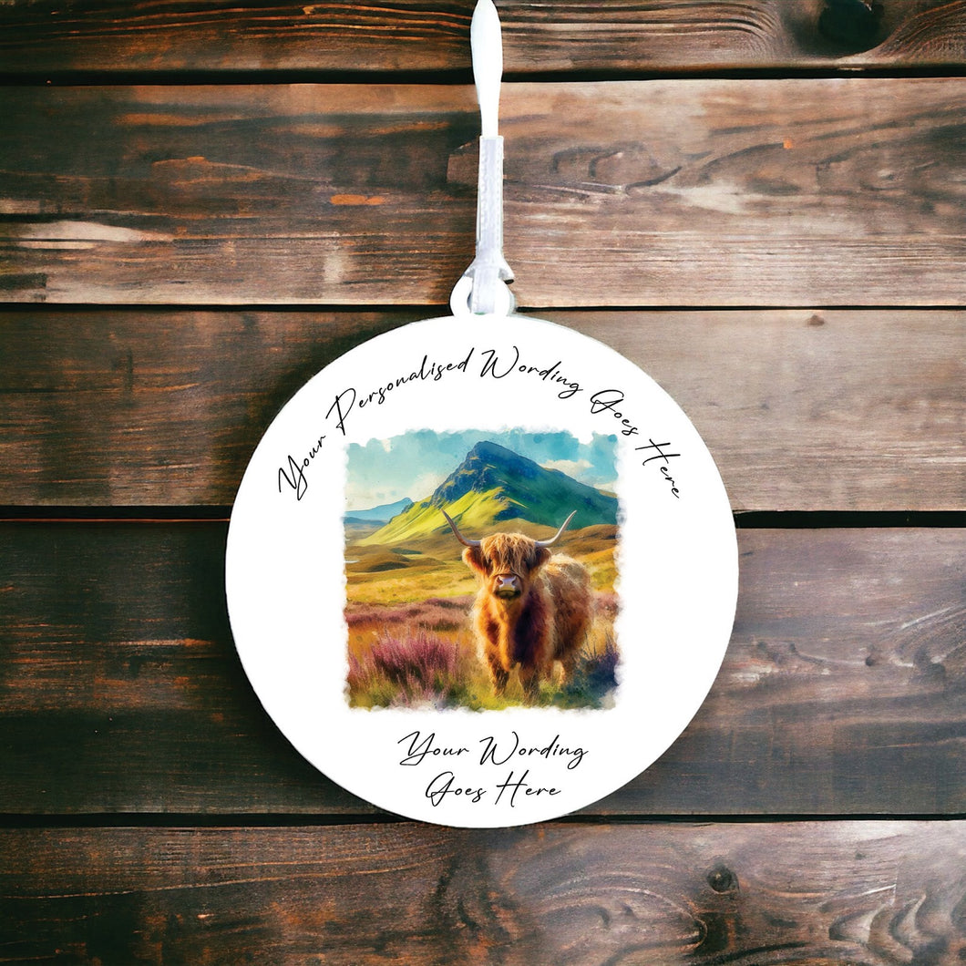 UV886 - Acrylic and UVDTF Personalised Round Hanging - Highland Cow 20 - Olifantjie - Wooden - MDF - Lasercut - Blank - Craft - Kit - Mixed Media - UK