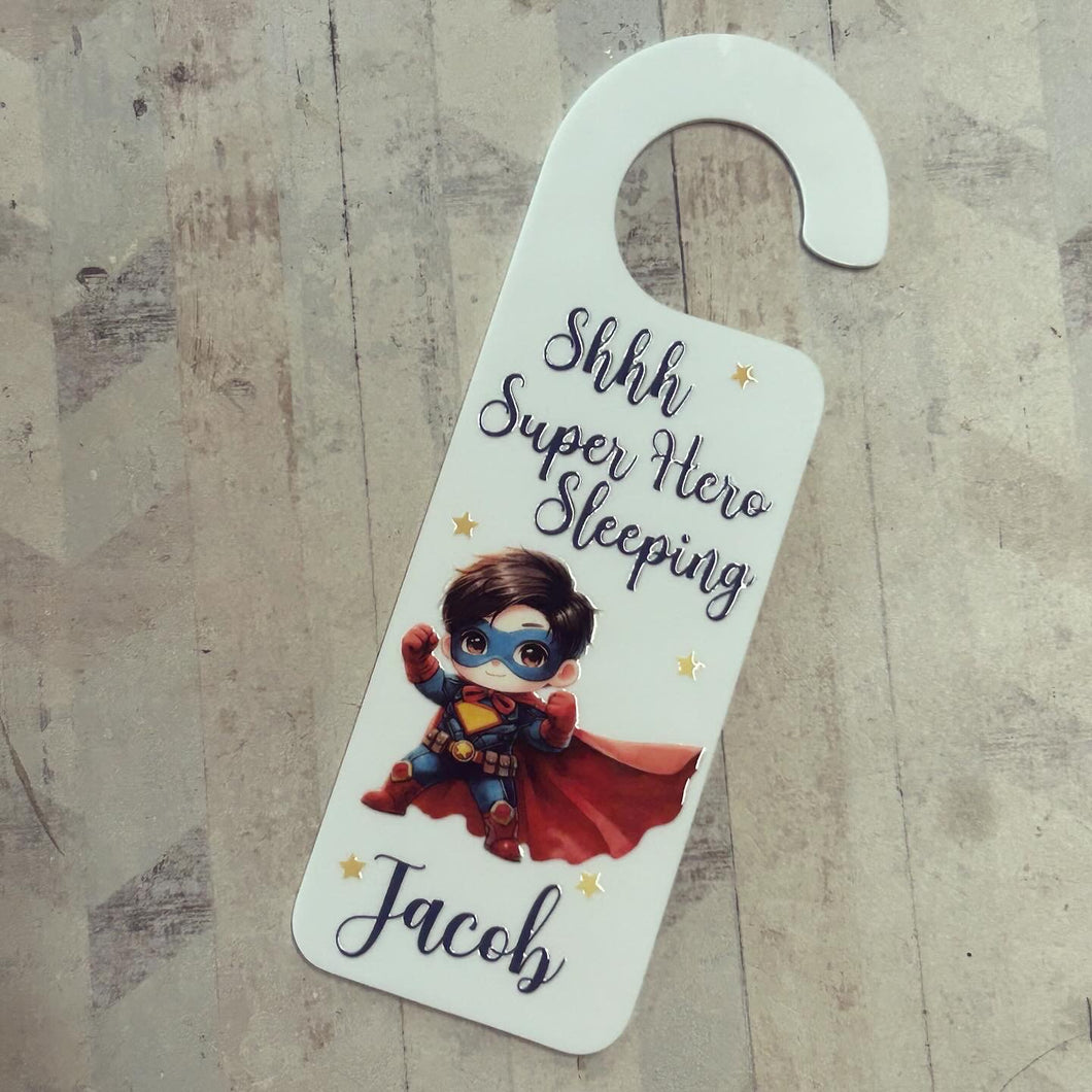 UV228 - UVDTF Door Hanger Personalised decal with optional Acrylic Door Hanger - Shhh Super Hero Sleeping - Olifantjie - Wooden - MDF - Lasercut - Blank - Craft - Kit - Mixed Media - UK